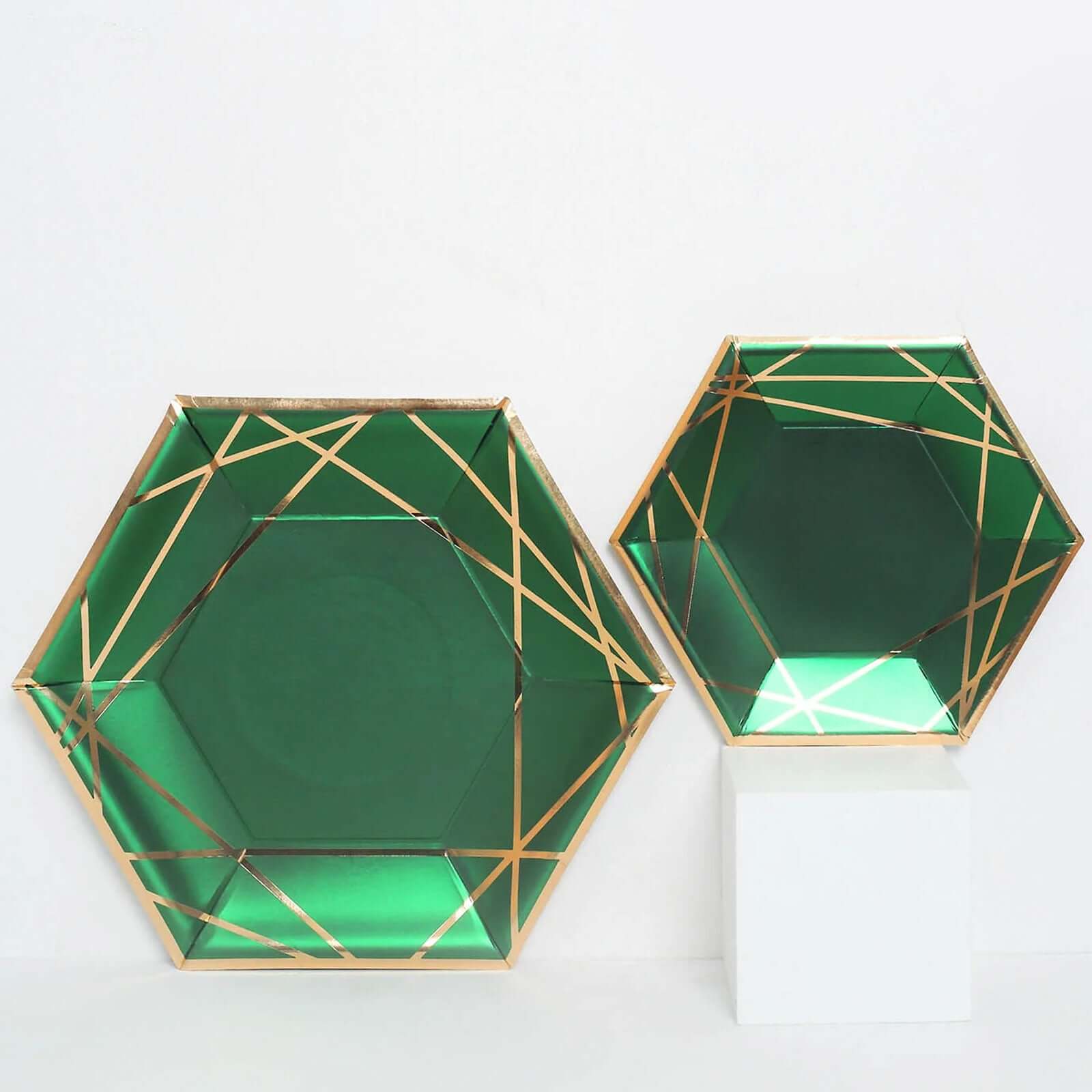25-Pack Paper Hexagon Dessert Plates 7" Hunter Emerald Green with Gold Geometric Lines & Rim - 300GSM Disposable Geometric Appetizer Salad Plates - Image 5