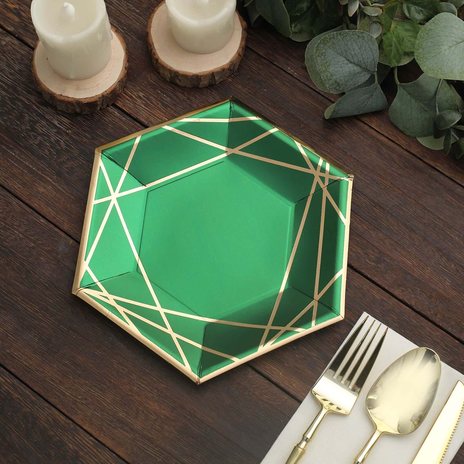 25-Pack Paper Hexagon Dessert Plates 7" Hunter Emerald Green with Gold Geometric Lines & Rim - 300GSM Disposable Geometric Appetizer Salad Plates - Image 6