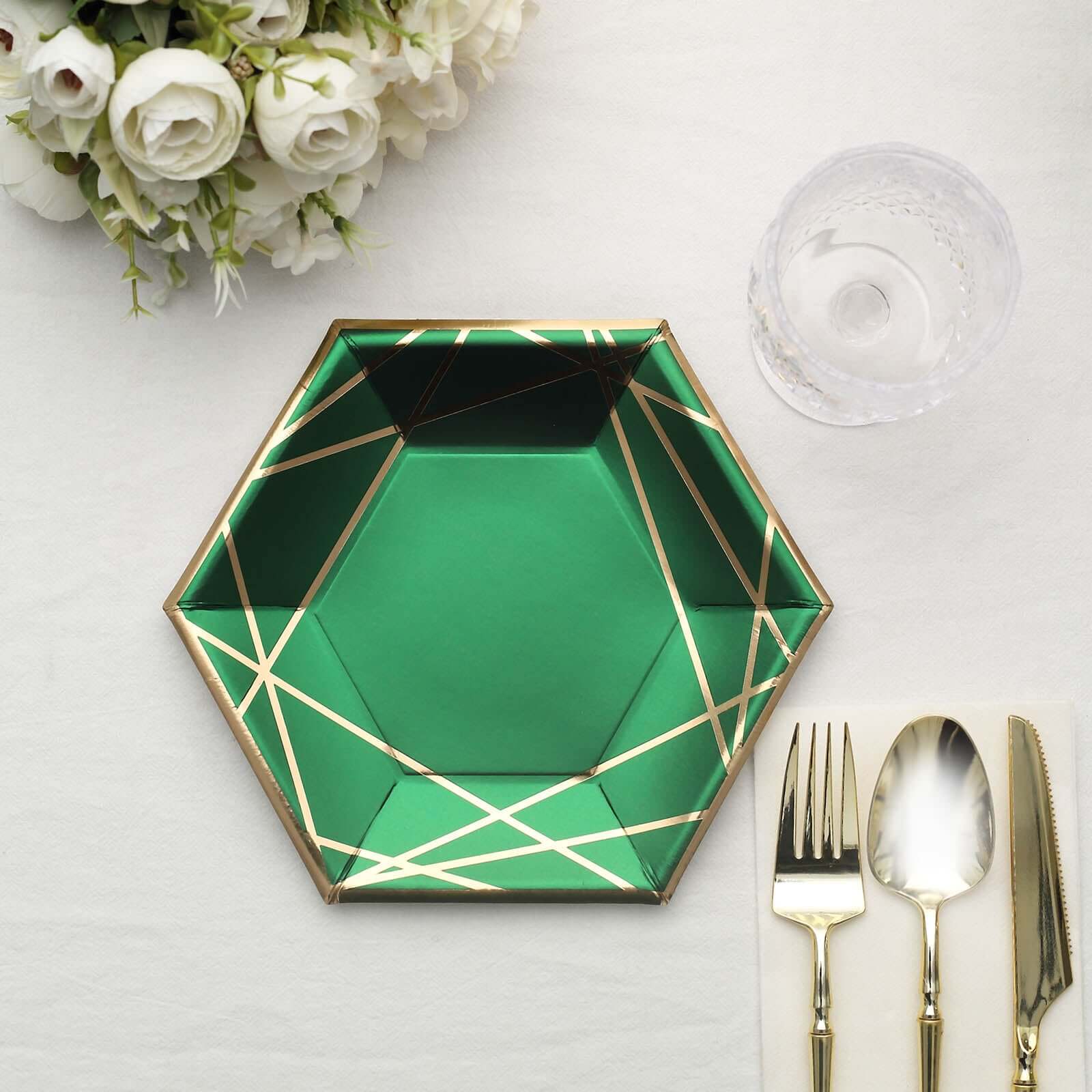 25-Pack Paper Hexagon Dessert Plates 7" Hunter Emerald Green with Gold Geometric Lines & Rim - 300GSM Disposable Geometric Appetizer Salad Plates - Image 8
