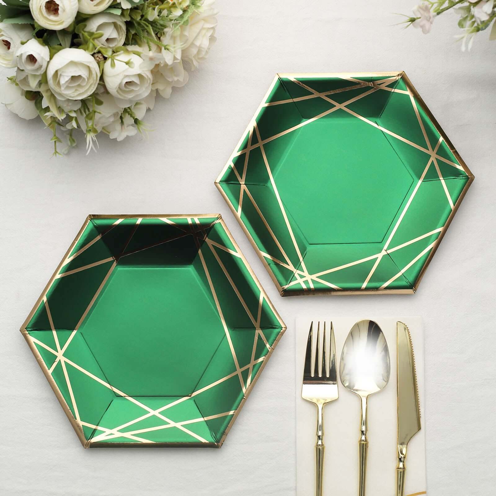 25-Pack Paper Hexagon Dessert Plates 7" Hunter Emerald Green with Gold Geometric Lines & Rim - 300GSM Disposable Geometric Appetizer Salad Plates - Image 9