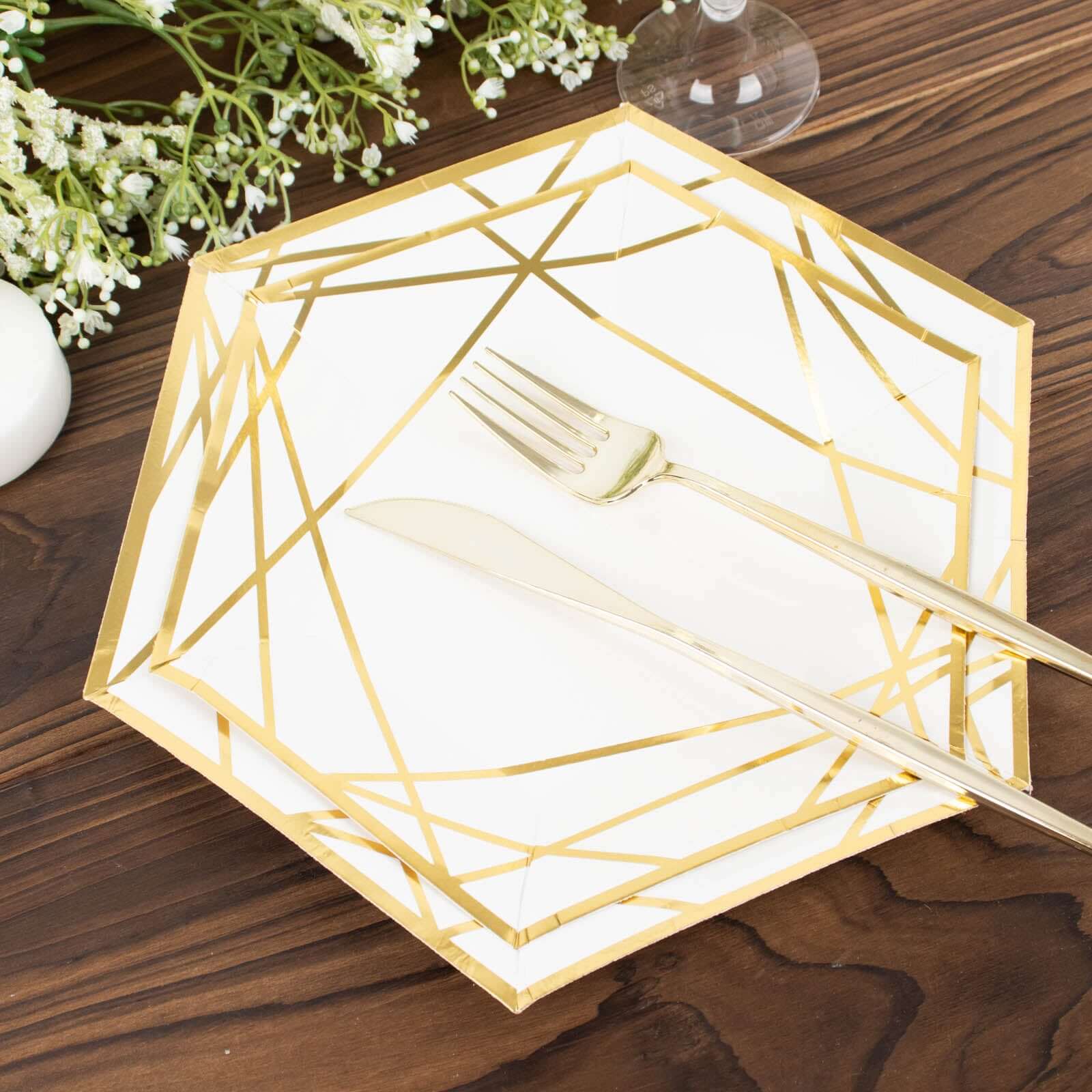 25-Pack Paper Hexagon Dessert Plates 7" White with Gold Geometric Lines & Rim - 300GSM Disposable Geometric Appetizer Salad Plates for Weddings & Cocktail Parties - Image 11
