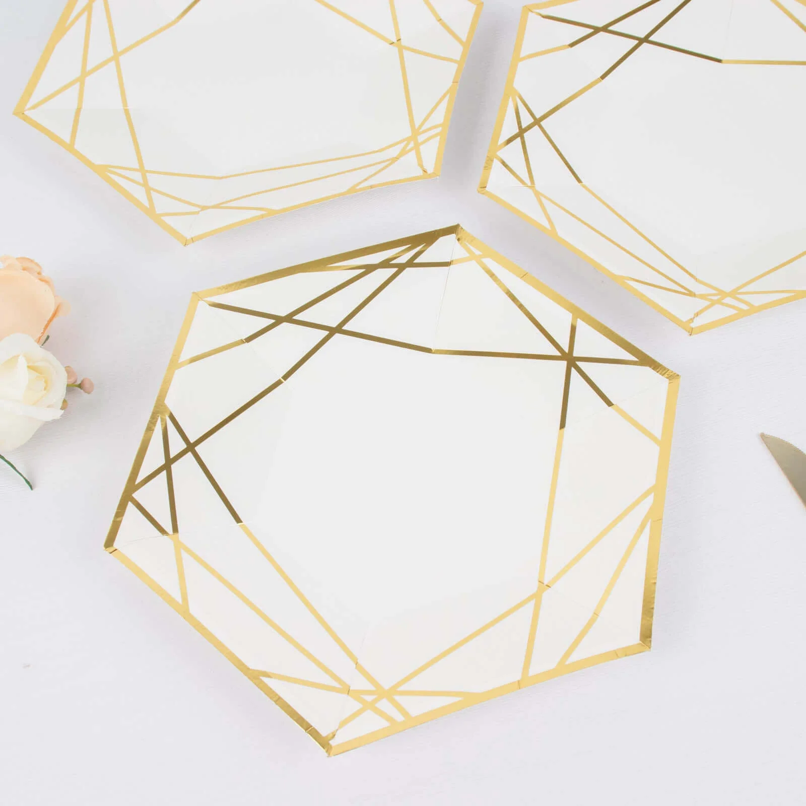 25-Pack Paper Hexagon Dessert Plates 7" White with Gold Geometric Lines & Rim - 300GSM Disposable Geometric Appetizer Salad Plates for Weddings & Cocktail Parties - Image 12