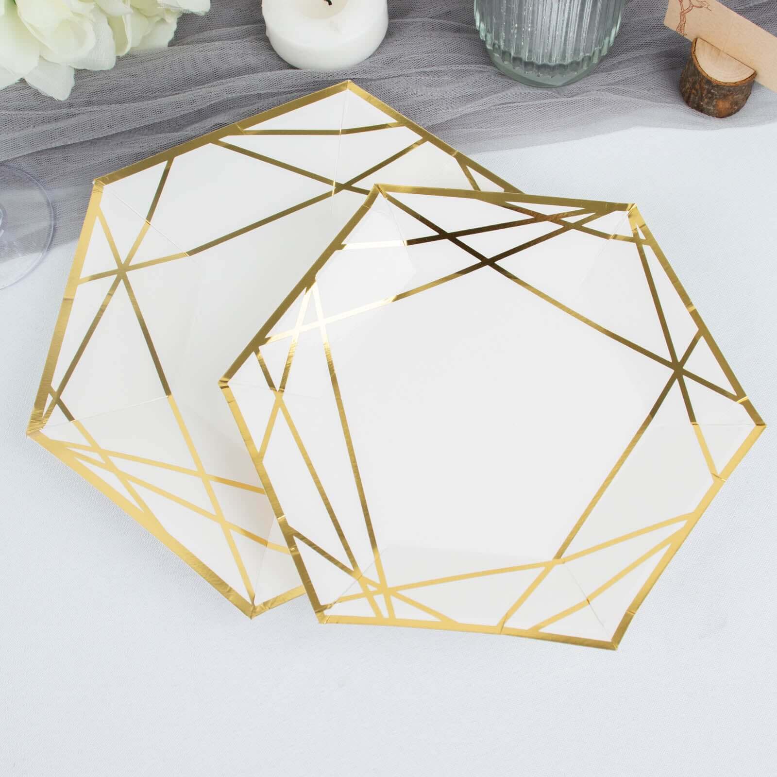25-Pack Paper Hexagon Dessert Plates 7" White with Gold Geometric Lines & Rim - 300GSM Disposable Geometric Appetizer Salad Plates for Weddings & Cocktail Parties - Image 13