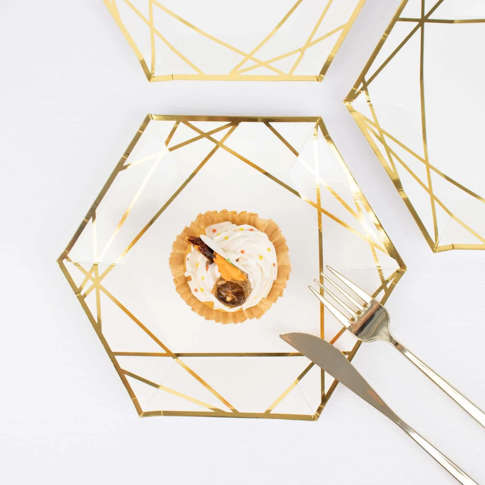 25-Pack Paper Hexagon Dessert Plates 7" White with Gold Geometric Lines & Rim - 300GSM Disposable Geometric Appetizer Salad Plates for Weddings & Cocktail Parties - Image 17