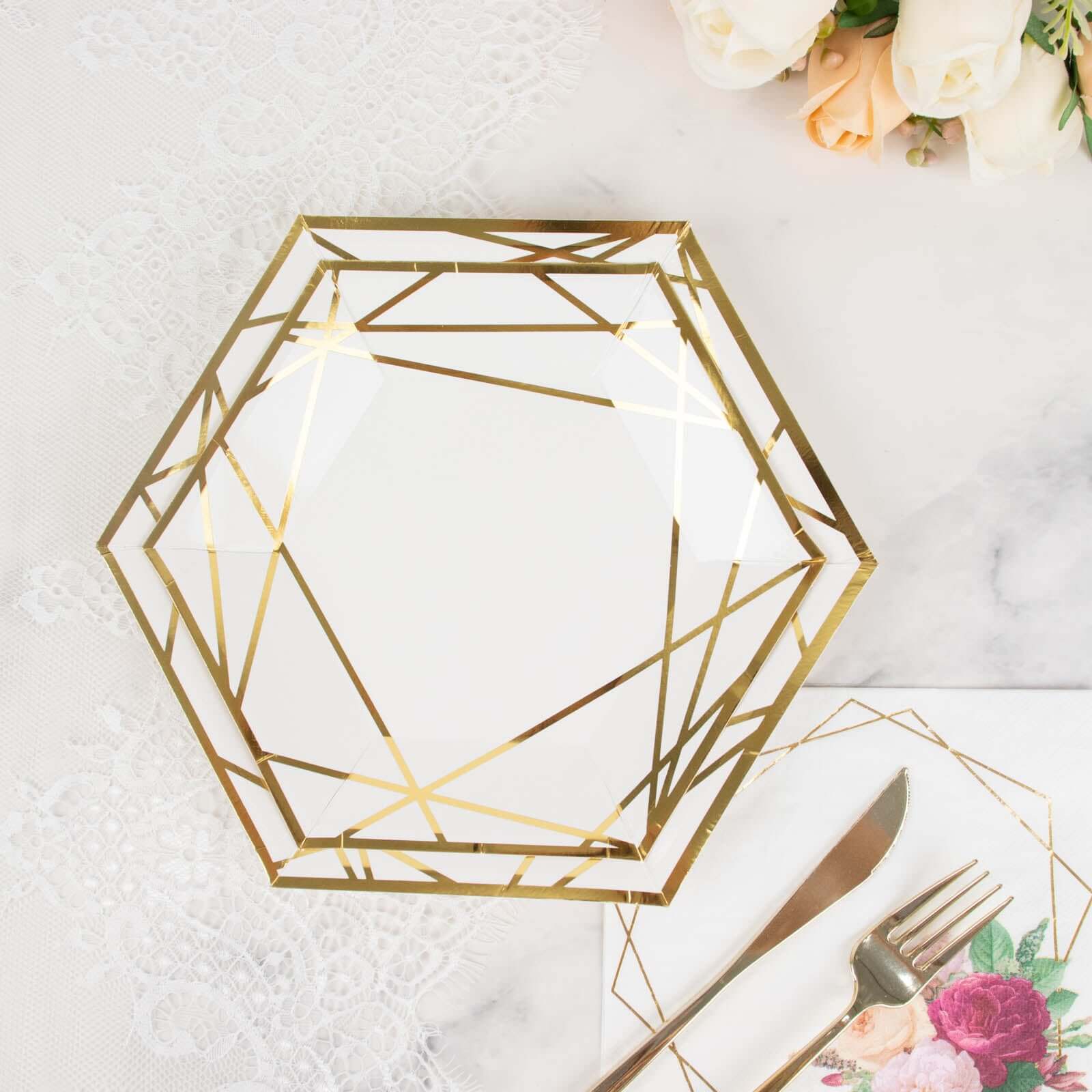 25-Pack Paper Hexagon Dessert Plates 7" White with Gold Geometric Lines & Rim - 300GSM Disposable Geometric Appetizer Salad Plates for Weddings & Cocktail Parties - Image 2
