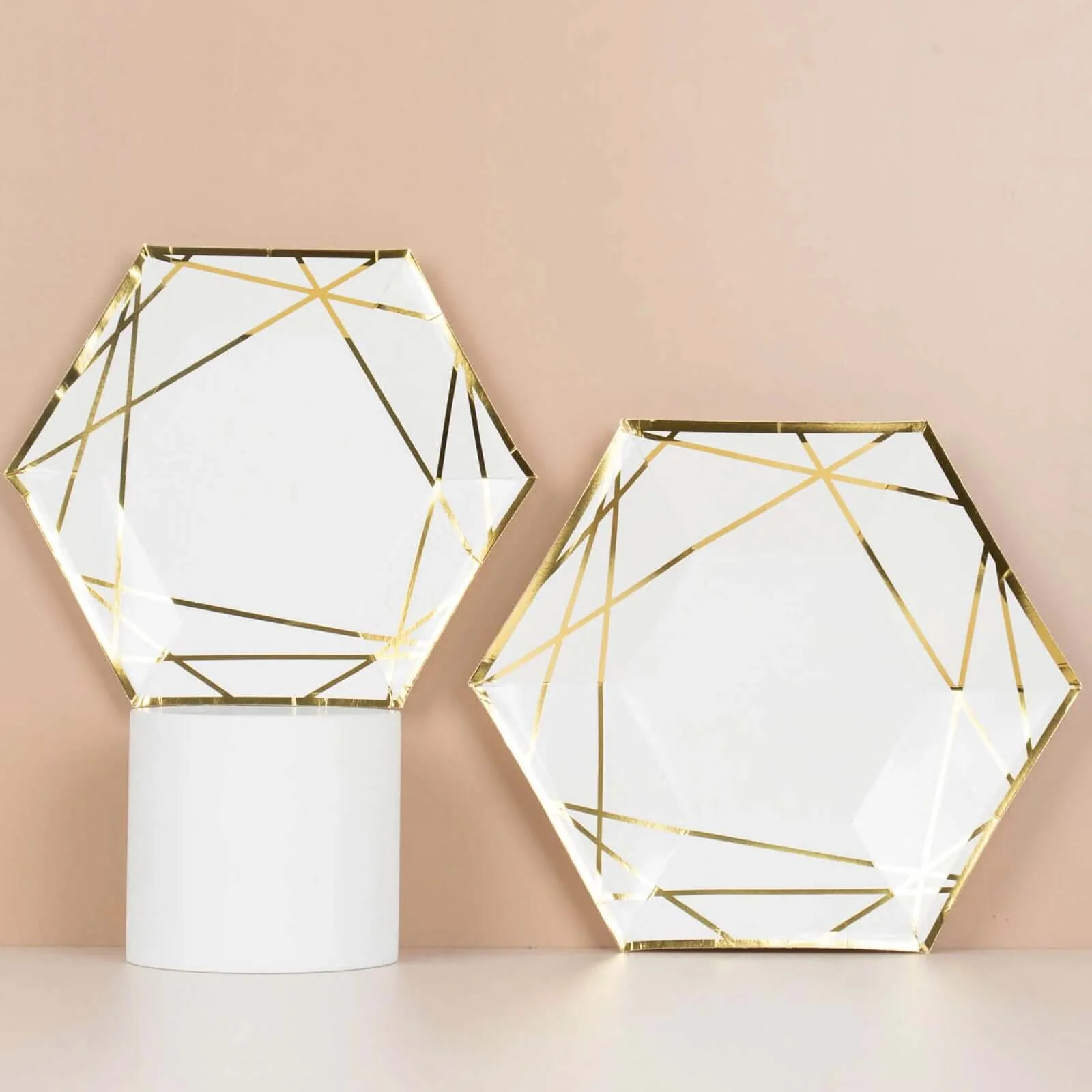 25-Pack Paper Hexagon Dessert Plates 7" White with Gold Geometric Lines & Rim - 300GSM Disposable Geometric Appetizer Salad Plates for Weddings & Cocktail Parties - Image 5