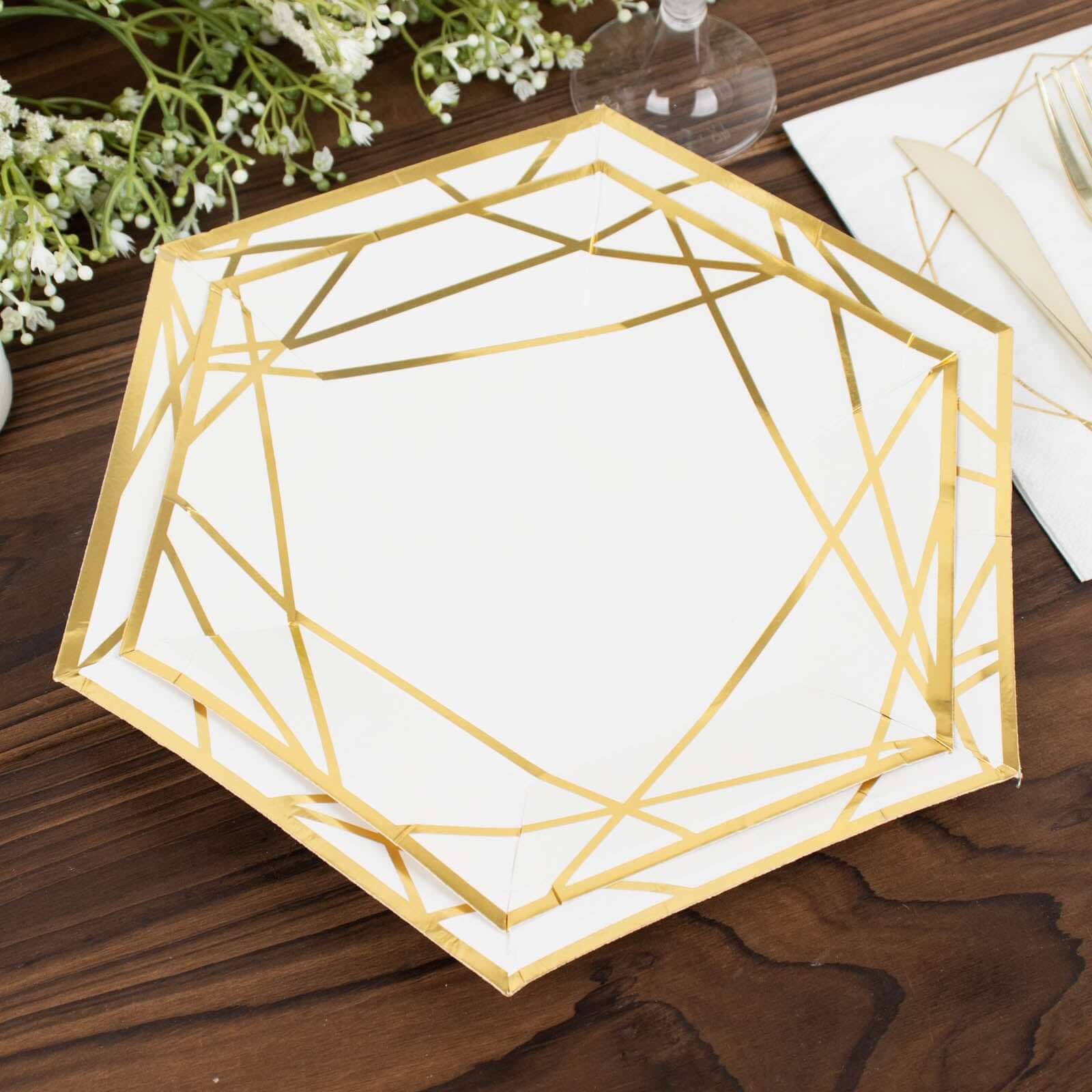25-Pack Paper Hexagon Dessert Plates 7" White with Gold Geometric Lines & Rim - 300GSM Disposable Geometric Appetizer Salad Plates for Weddings & Cocktail Parties - Image 6