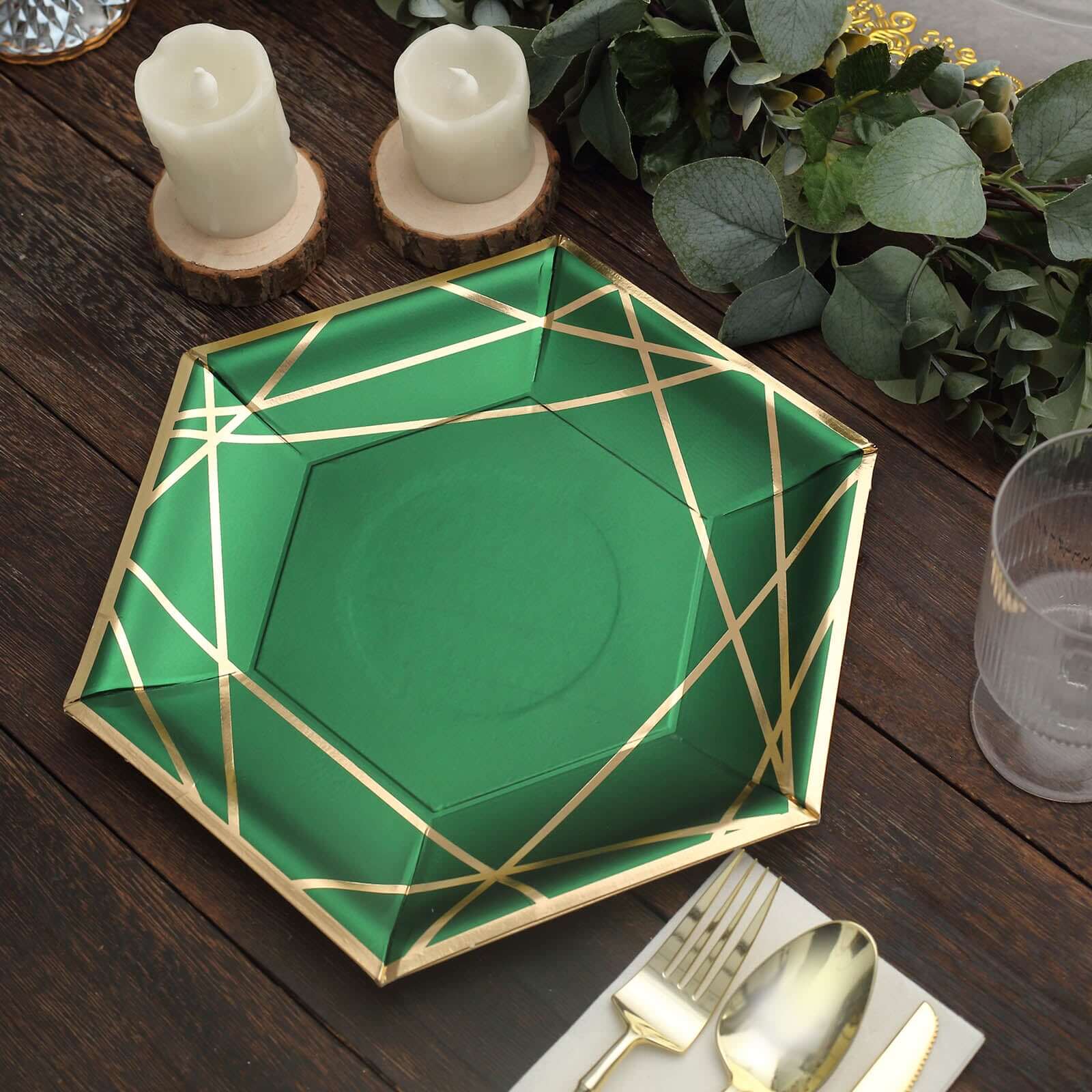 25-Pack Paper Hexagon Dinner Plates 9" Hunter Emerald Green with Gold Geometric Lines & Rim - 300GSM Disposable Geometric Party Plates - Image 12