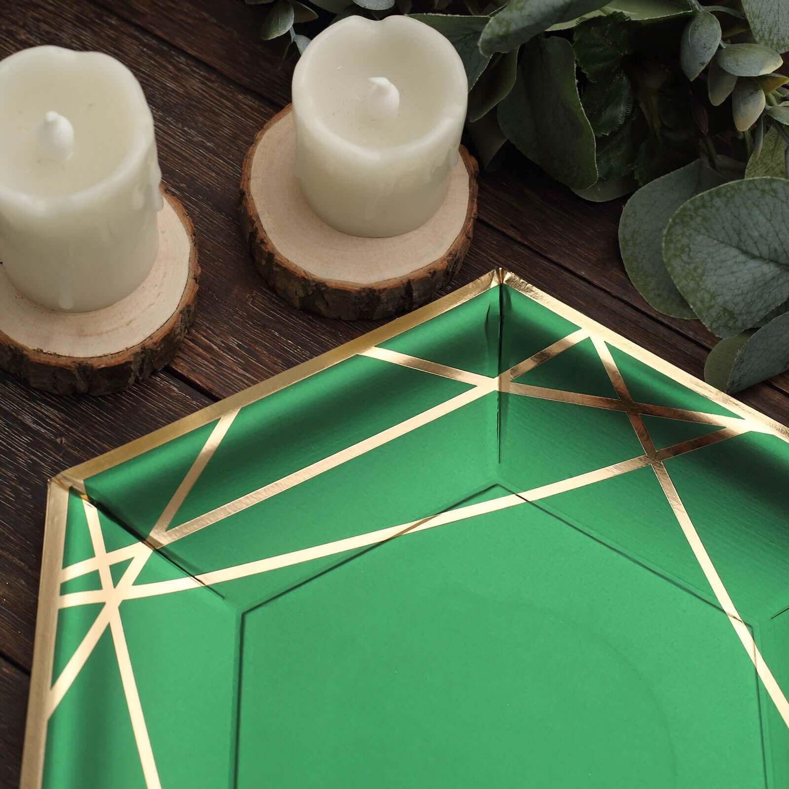 25-Pack Paper Hexagon Dinner Plates 9" Hunter Emerald Green with Gold Geometric Lines & Rim - 300GSM Disposable Geometric Party Plates - Image 14