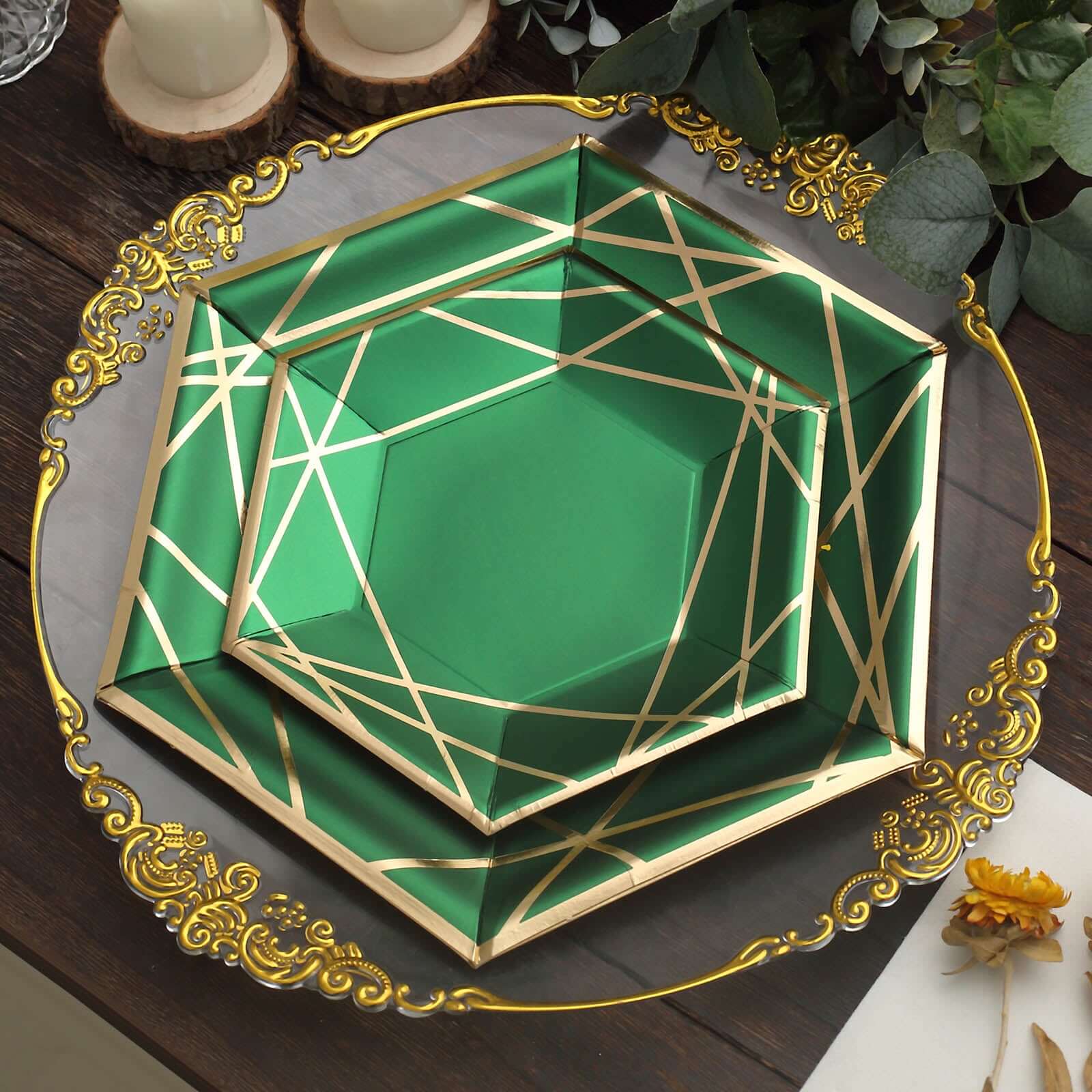 25-Pack Paper Hexagon Dinner Plates 9" Hunter Emerald Green with Gold Geometric Lines & Rim - 300GSM Disposable Geometric Party Plates - Image 2