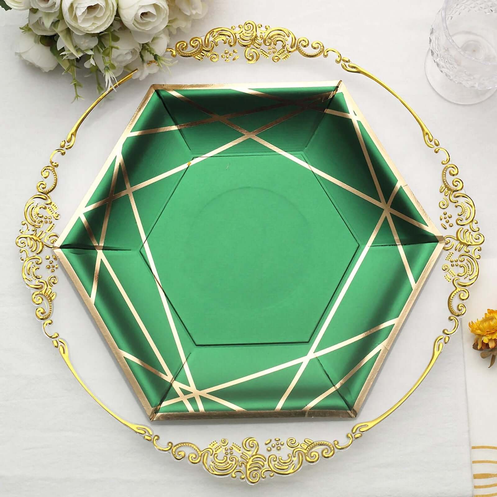 25-Pack Paper Hexagon Dinner Plates 9" Hunter Emerald Green with Gold Geometric Lines & Rim - 300GSM Disposable Geometric Party Plates - Image 5