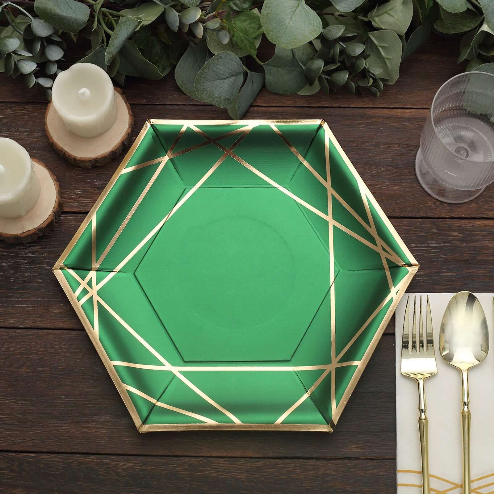 25-Pack Paper Hexagon Dinner Plates 9" Hunter Emerald Green with Gold Geometric Lines & Rim - 300GSM Disposable Geometric Party Plates - Image 6
