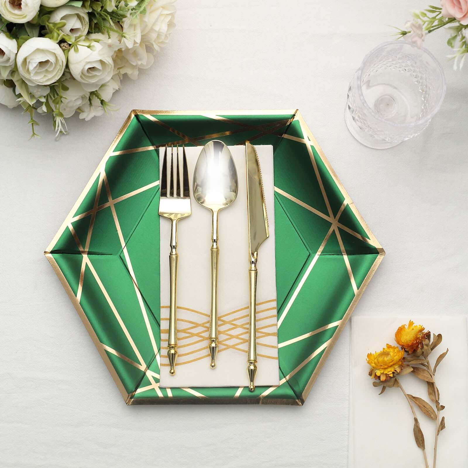 25-Pack Paper Hexagon Dinner Plates 9" Hunter Emerald Green with Gold Geometric Lines & Rim - 300GSM Disposable Geometric Party Plates - Image 8
