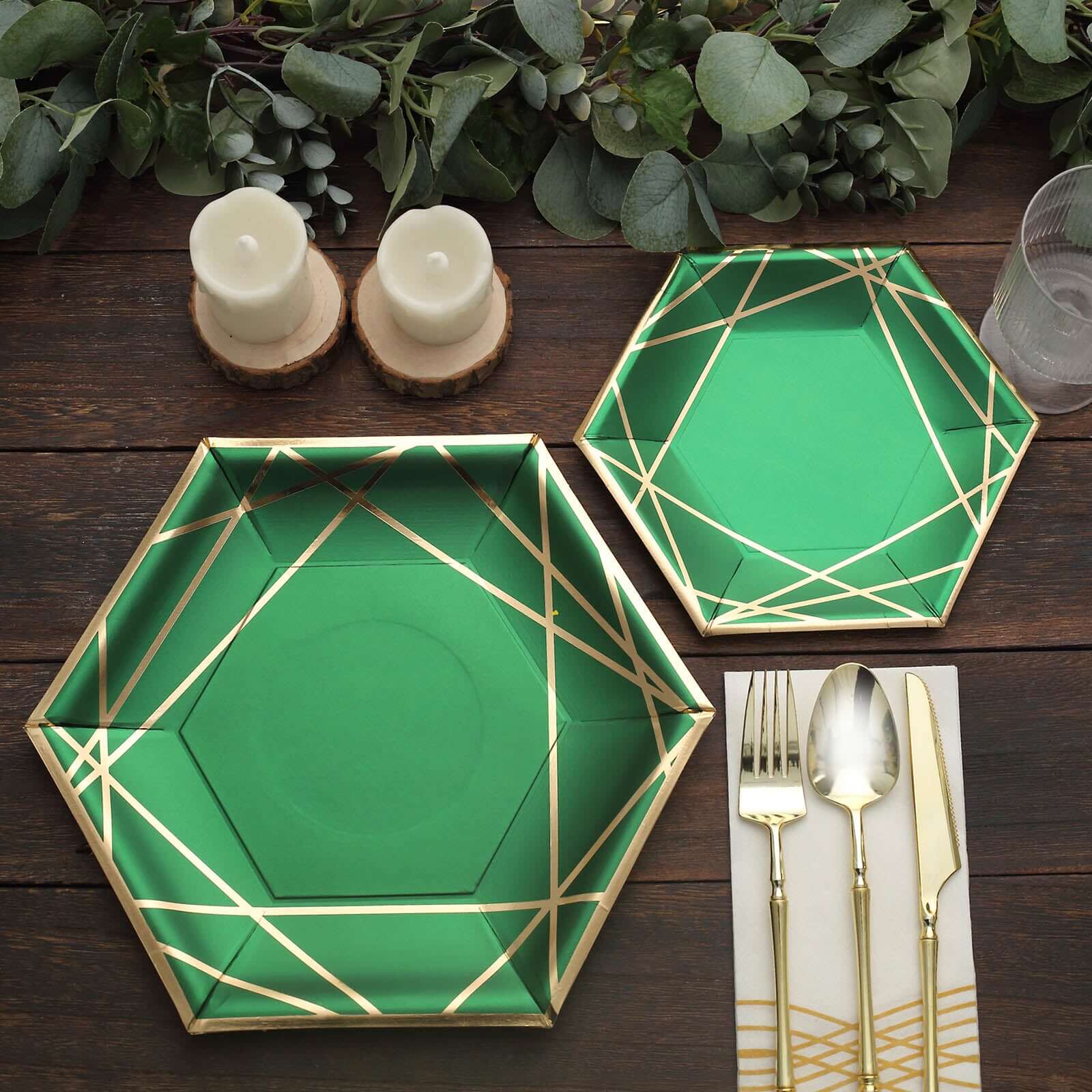 25-Pack Paper Hexagon Dinner Plates 9" Hunter Emerald Green with Gold Geometric Lines & Rim - 300GSM Disposable Geometric Party Plates - Image 9