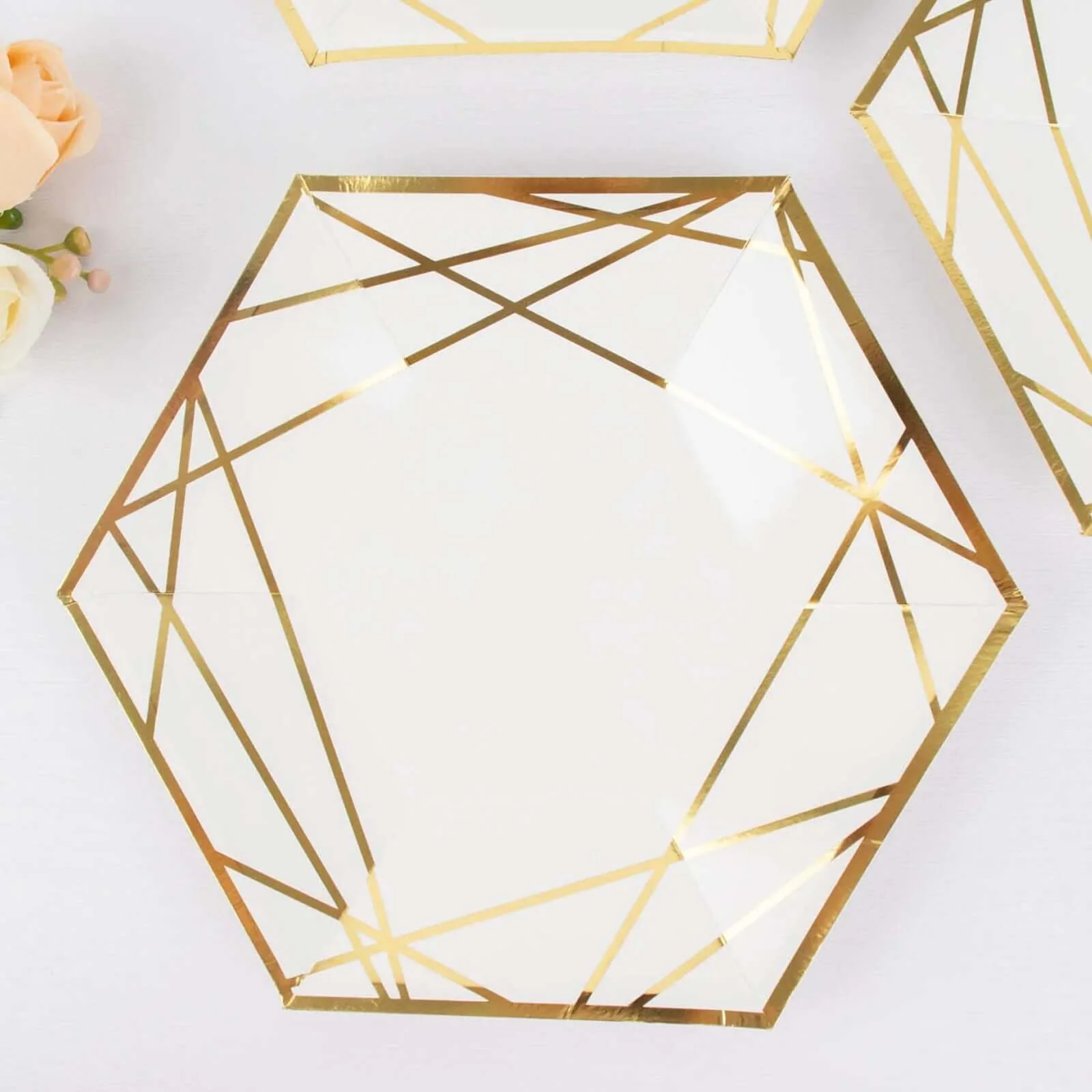 25-Pack Paper Hexagon Dinner Plates 9" White with Gold Geometric Lines & Rim - 300GSM Disposable Geometric Party Plates for Weddings & Cocktail Receptions