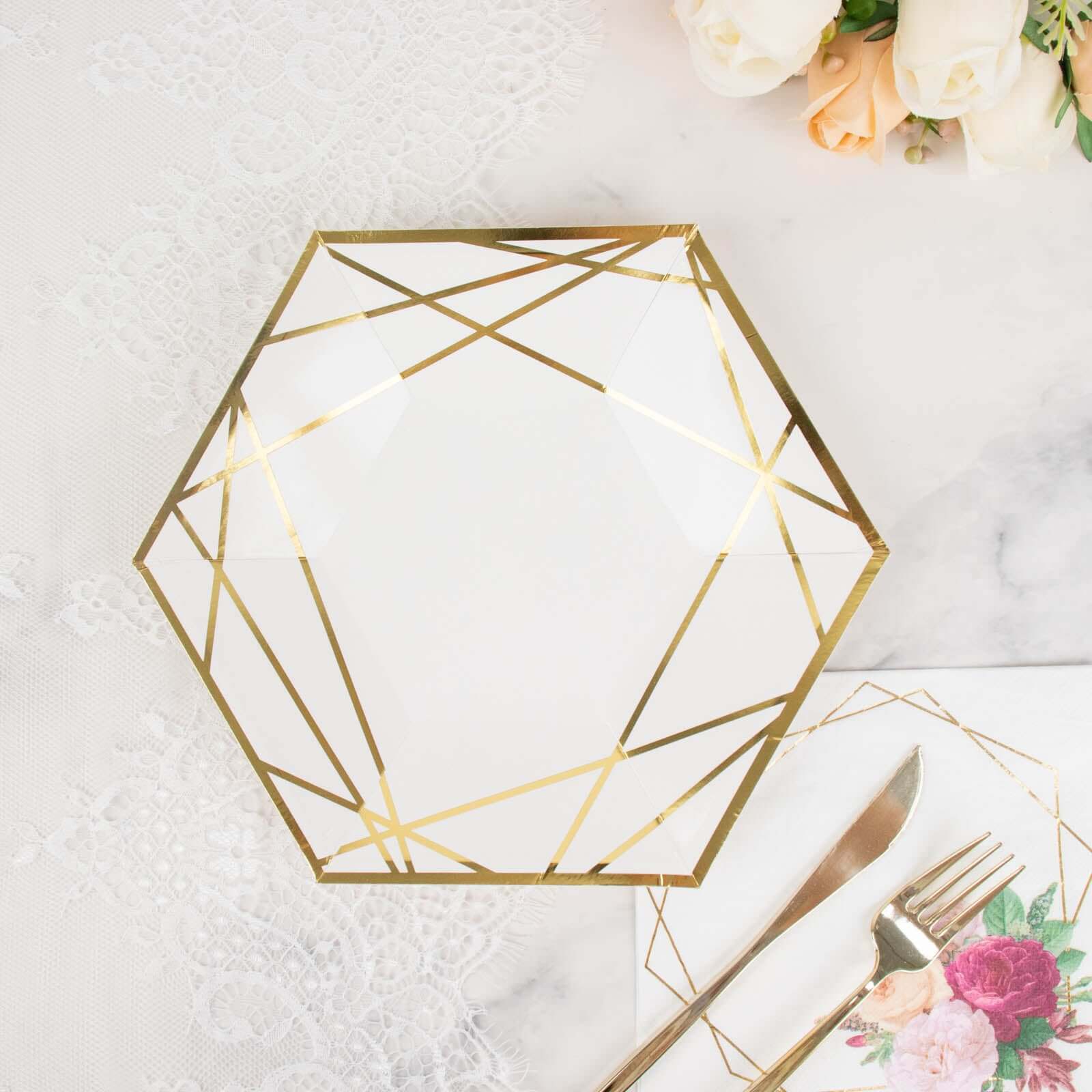 25-Pack Paper Hexagon Dinner Plates 9" White with Gold Geometric Lines & Rim - 300GSM Disposable Geometric Party Plates for Weddings & Cocktail Receptions - Image 10