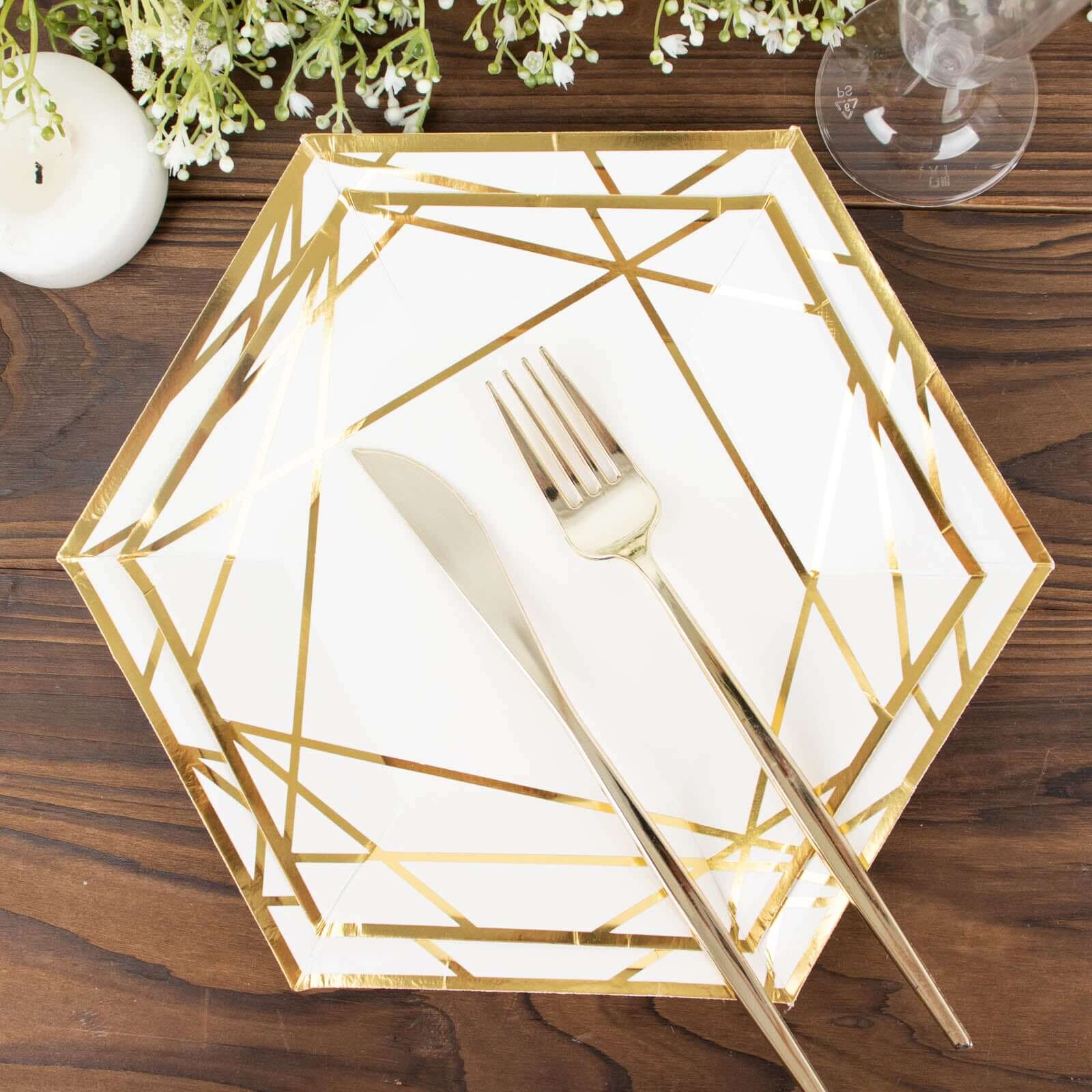 25-Pack Paper Hexagon Dinner Plates 9" White with Gold Geometric Lines & Rim - 300GSM Disposable Geometric Party Plates for Weddings & Cocktail Receptions - Image 2