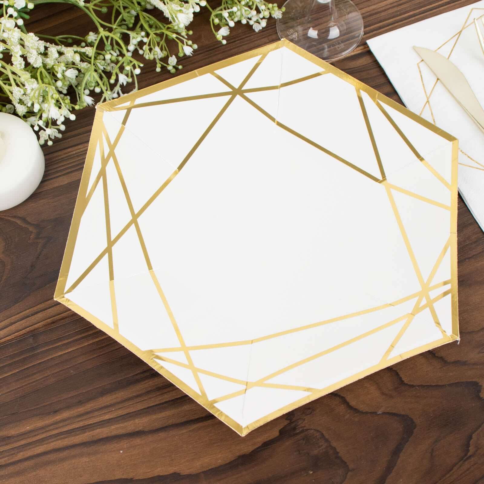 25-Pack Paper Hexagon Dinner Plates 9" White with Gold Geometric Lines & Rim - 300GSM Disposable Geometric Party Plates for Weddings & Cocktail Receptions - Image 5