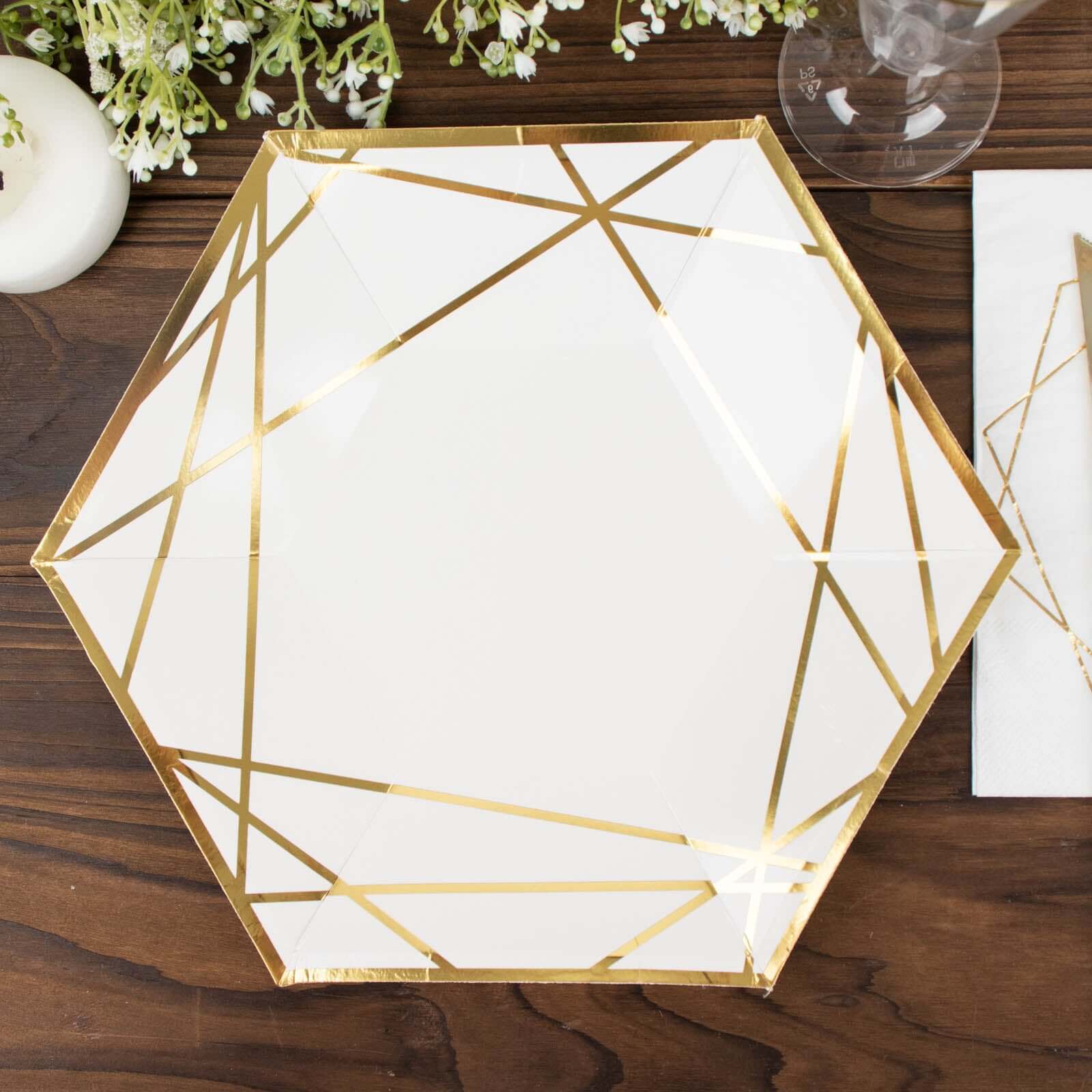 25-Pack Paper Hexagon Dinner Plates 9" White with Gold Geometric Lines & Rim - 300GSM Disposable Geometric Party Plates for Weddings & Cocktail Receptions - Image 6