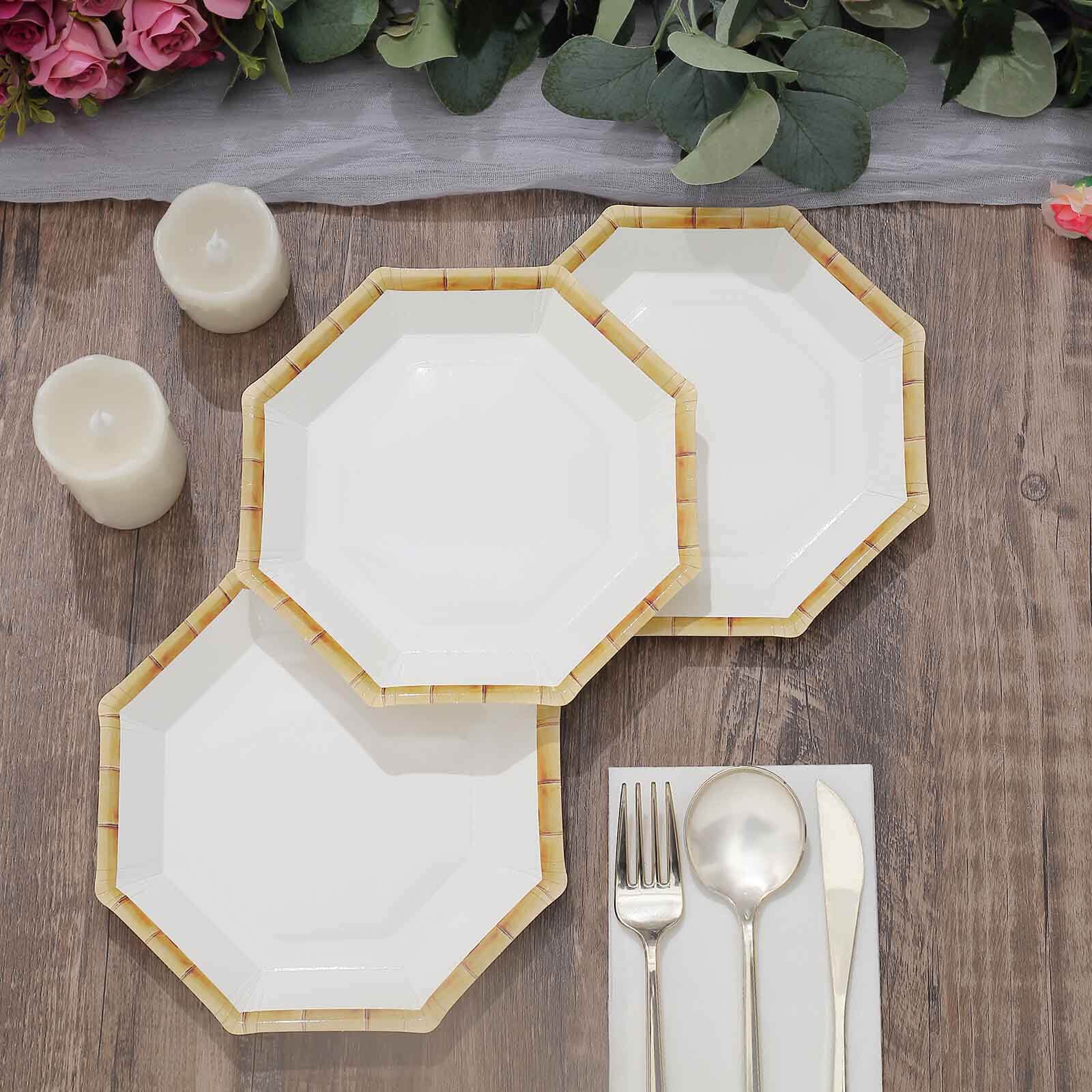 25-Pack Paper Octagonal Dessert Plates 7" White with Bamboo Print Rim - Disposable Geometric Appetizer Salad Plates for Tropical & Beach Themed Celebrations - Image 8
