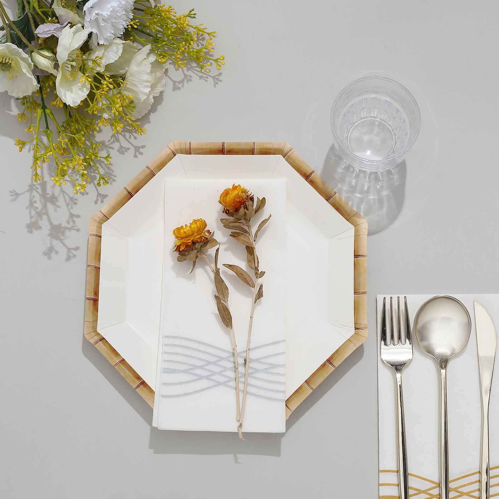 25-Pack Paper Octagonal Dinner Plates 9" White with Bamboo Print Rim - Disposable Geometric Party Plates for Garden Parties & Tropical Themed Events - Image 10