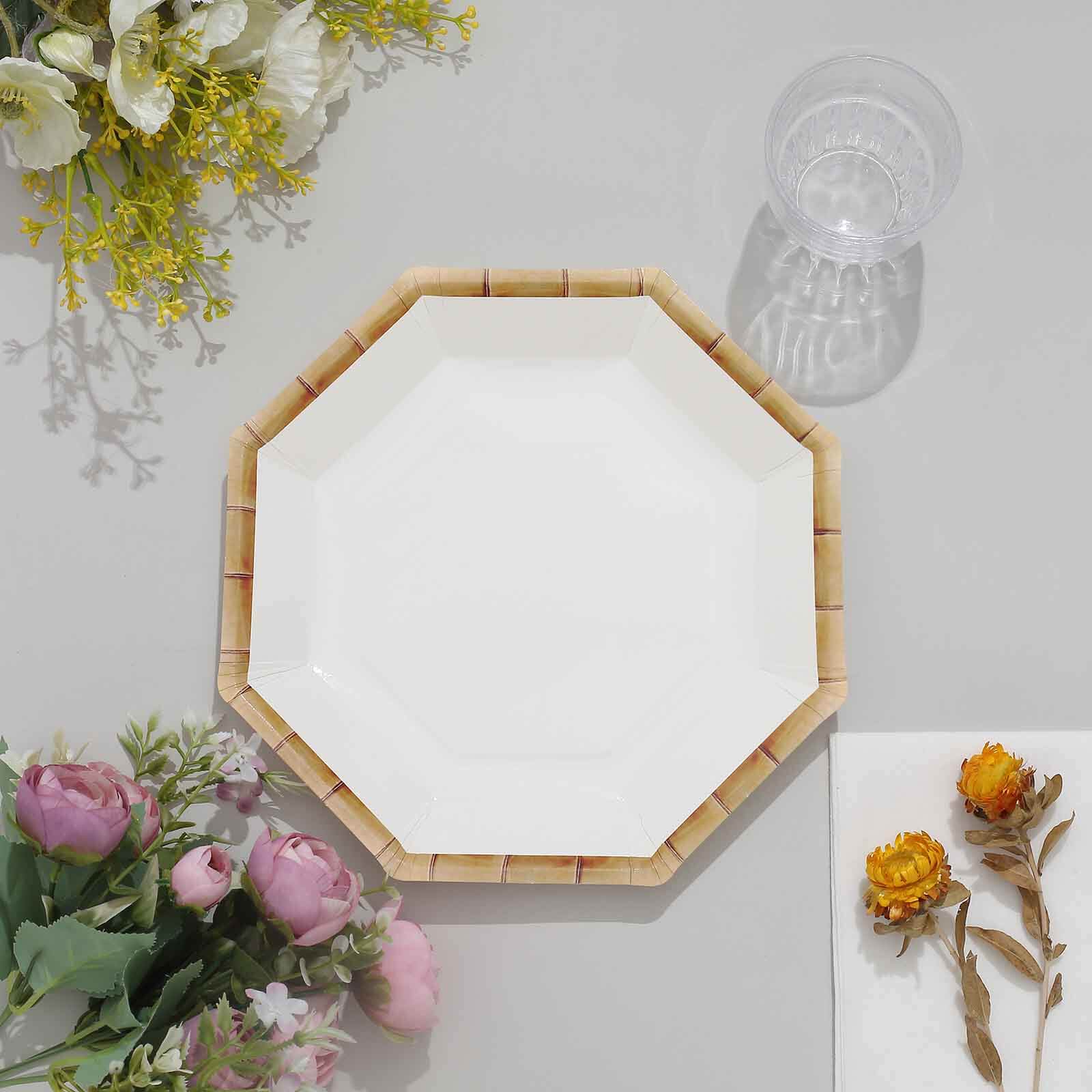 25-Pack Paper Octagonal Dinner Plates 9" White with Bamboo Print Rim - Disposable Geometric Party Plates for Garden Parties & Tropical Themed Events - Image 5