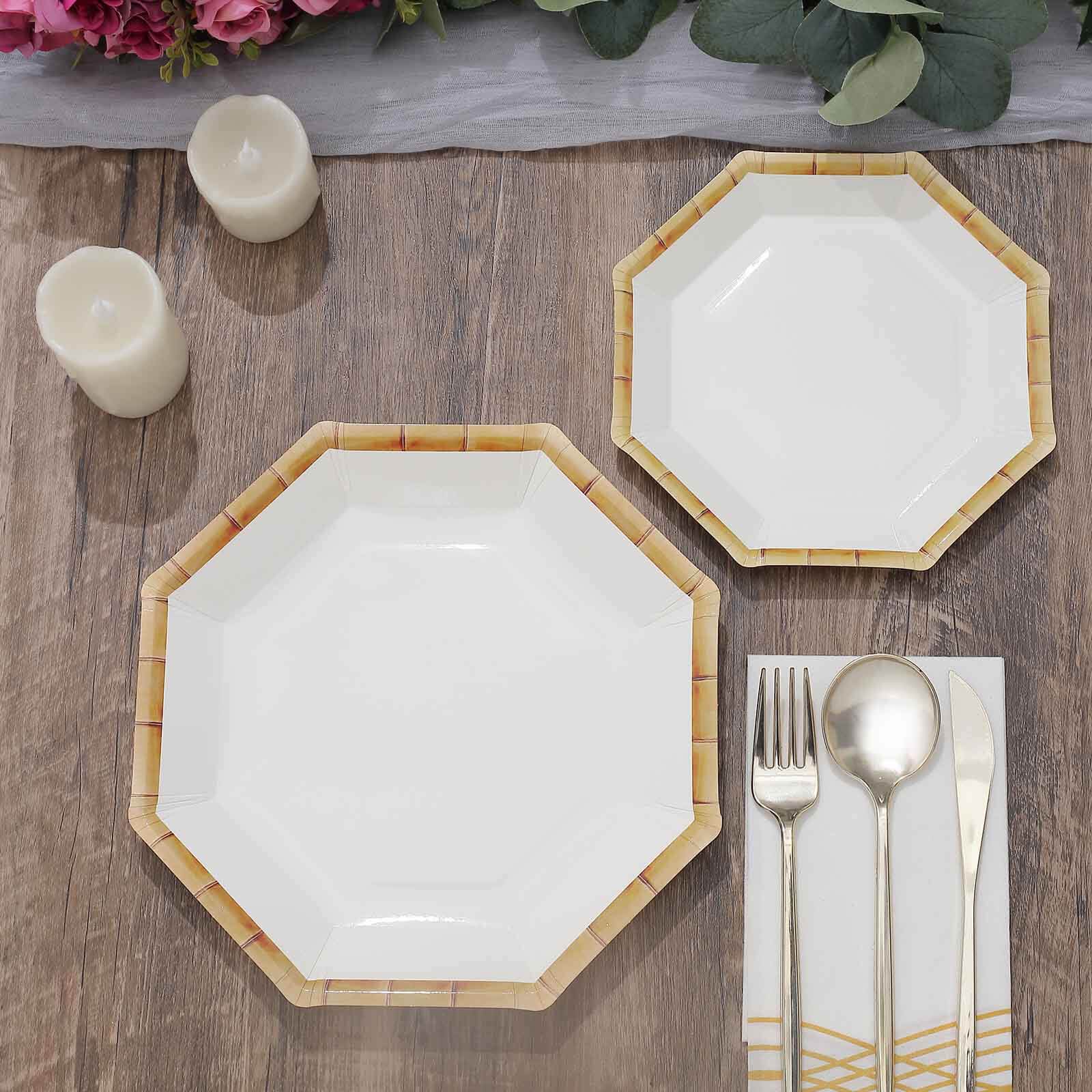25-Pack Paper Octagonal Dinner Plates 9" White with Bamboo Print Rim - Disposable Geometric Party Plates for Garden Parties & Tropical Themed Events - Image 6