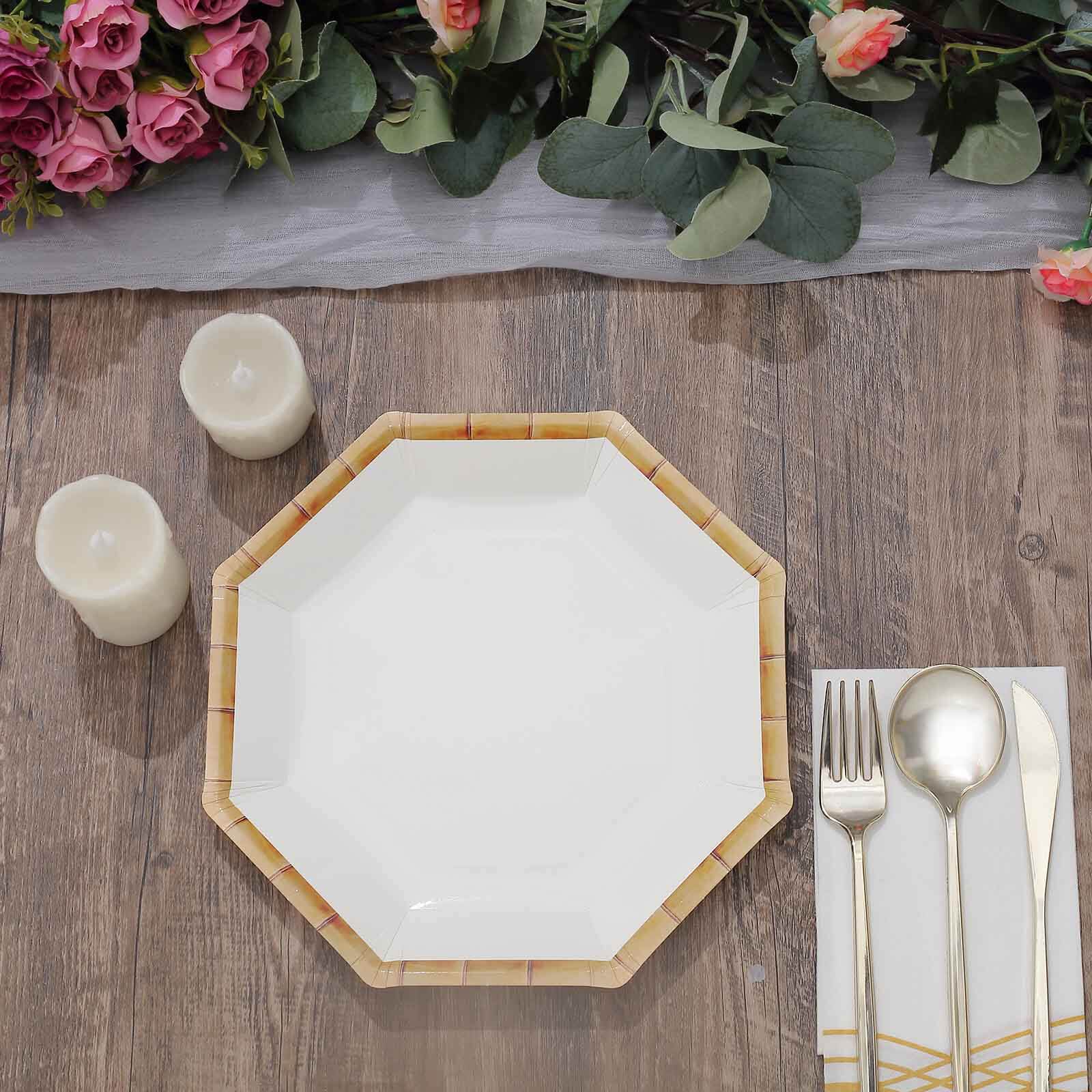 25-Pack Paper Octagonal Dinner Plates 9" White with Bamboo Print Rim - Disposable Geometric Party Plates for Garden Parties & Tropical Themed Events - Image 8