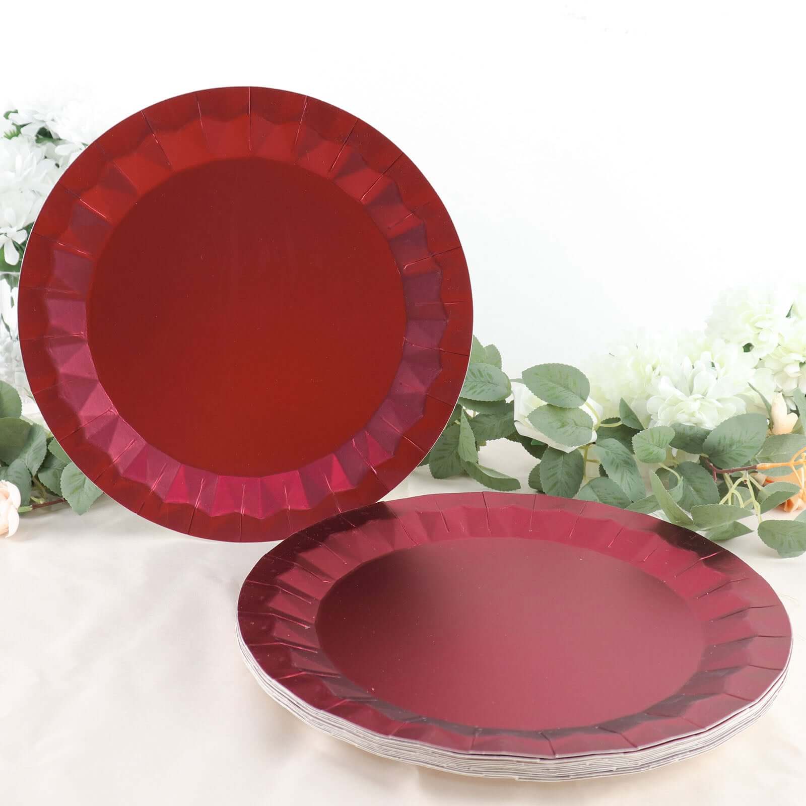 25-Pack Paper Round Charger Plates 12" Burgundy with Geometric Prism Design - 400GSM Disposable Serving Trays - Image 10