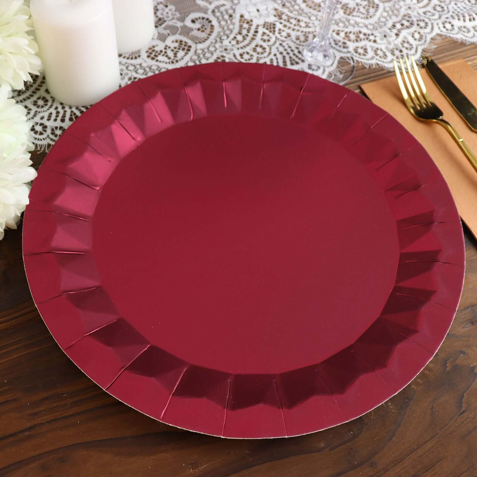 25-Pack Paper Round Charger Plates 12" Burgundy with Geometric Prism Design - 400GSM Disposable Serving Trays - Image 11