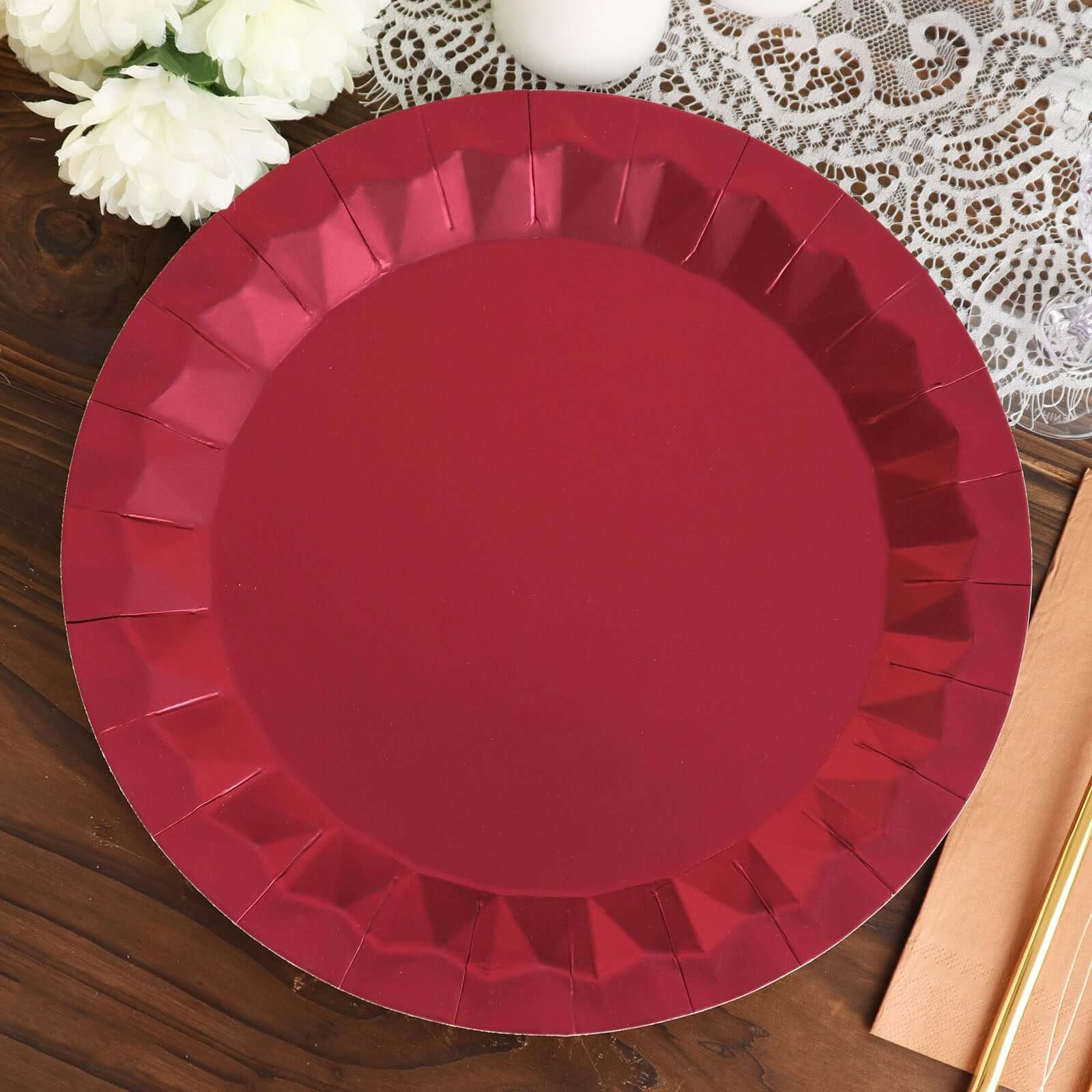 25-Pack Paper Round Charger Plates 12" Burgundy with Geometric Prism Design - 400GSM Disposable Serving Trays - Image 12