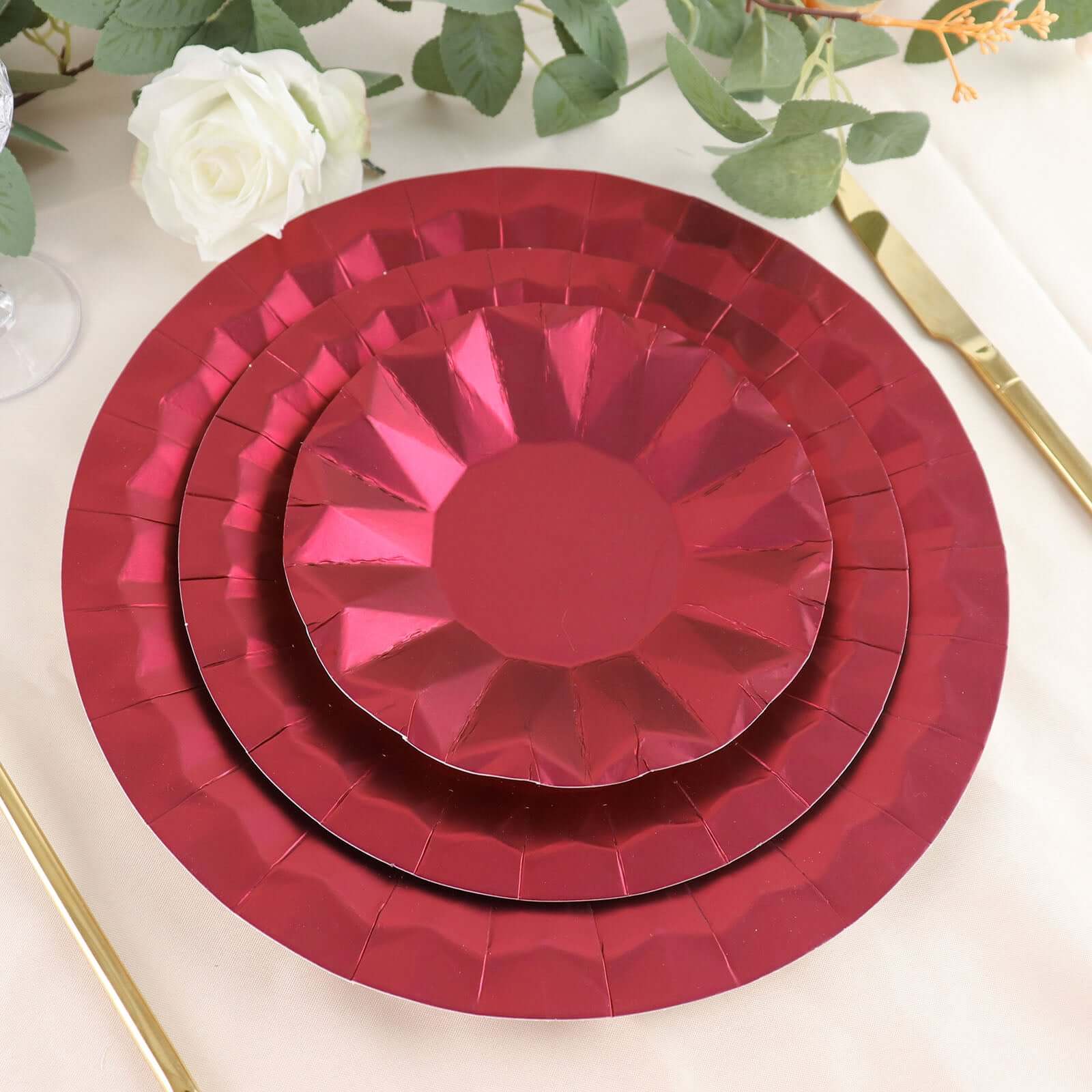 25-Pack Paper Round Charger Plates 12" Burgundy with Geometric Prism Design - 400GSM Disposable Serving Trays - Image 2