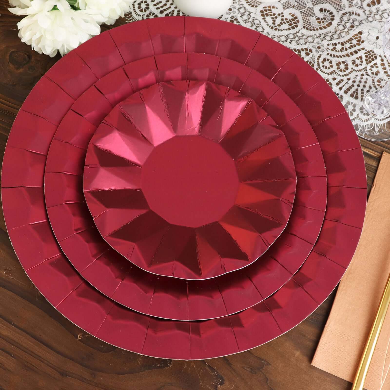 25-Pack Paper Round Charger Plates 12" Burgundy with Geometric Prism Design - 400GSM Disposable Serving Trays - Image 9