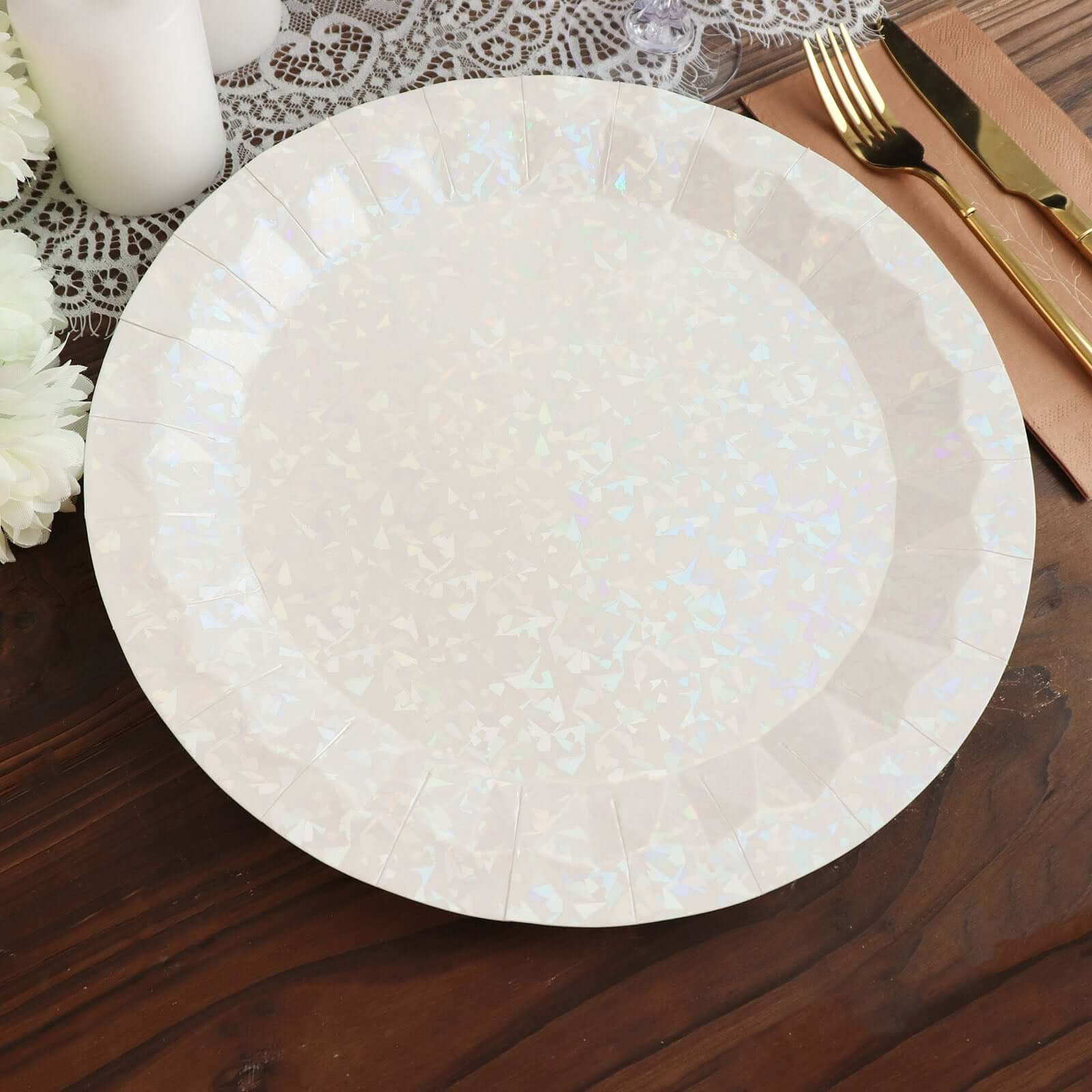 25-Pack Paper Round Charger Plates 12" Iridescent with Geometric Prism Design - 400GSM Disposable Serving Trays - Image 12