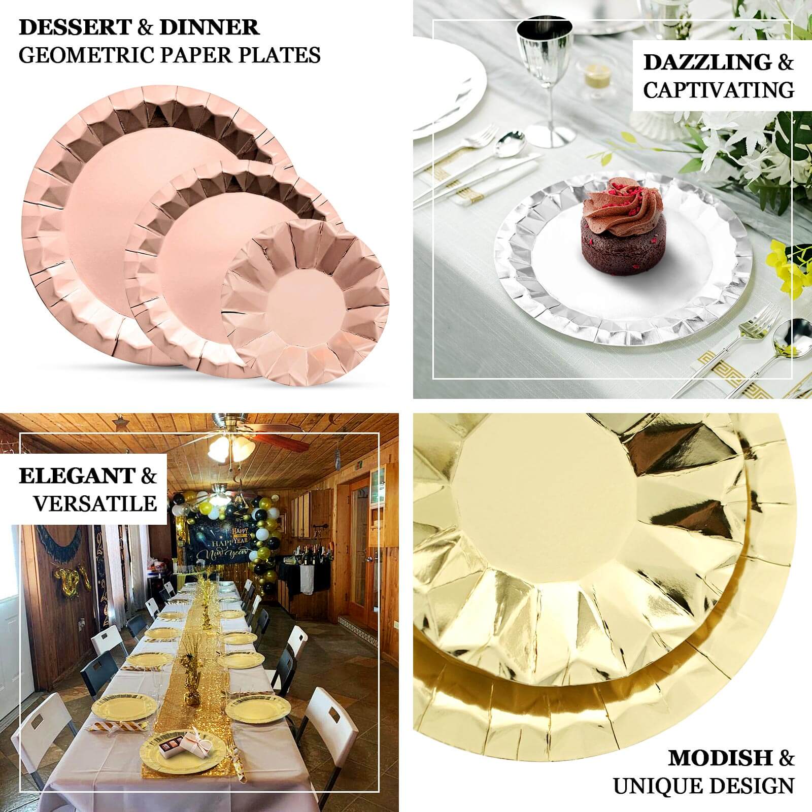 25-Pack Paper Round Charger Plates 12" Metallic Rose Gold with Geometric Prism Design - 400GSM Disposable Serving Trays - Image 4