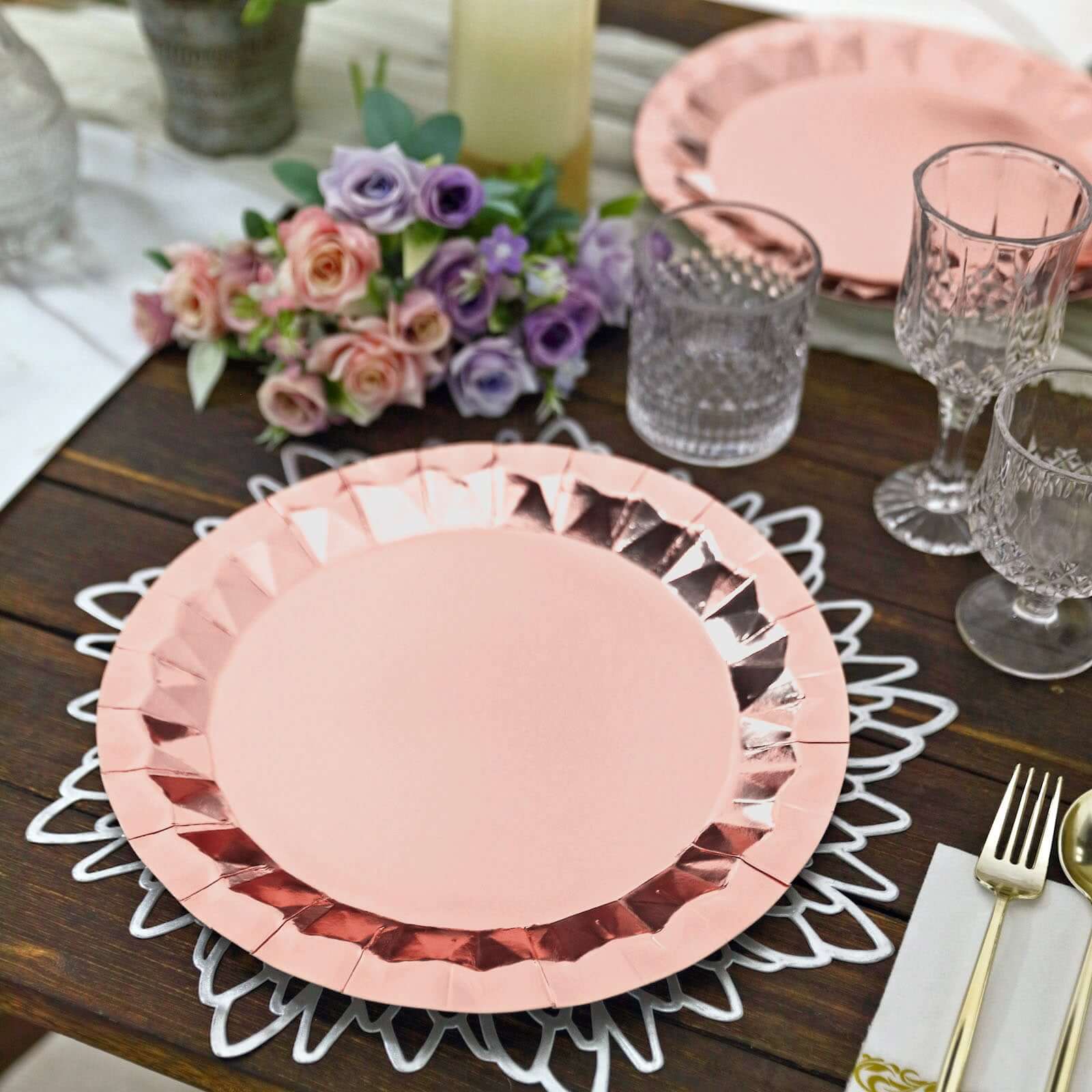 25-Pack Paper Round Charger Plates 12" Metallic Rose Gold with Geometric Prism Design - 400GSM Disposable Serving Trays - Image 5