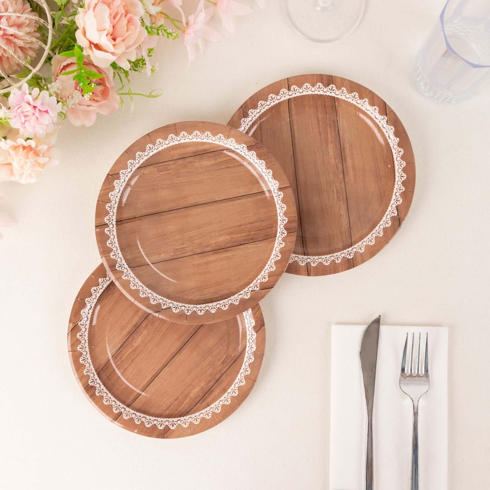 25-Pack Paper Round Dessert Plates 7" Brown Wood Grain Print with White Floral Lace Rim - Rustic Farmhouse Style Disposable Appetizer Salad Plates - Image 5
