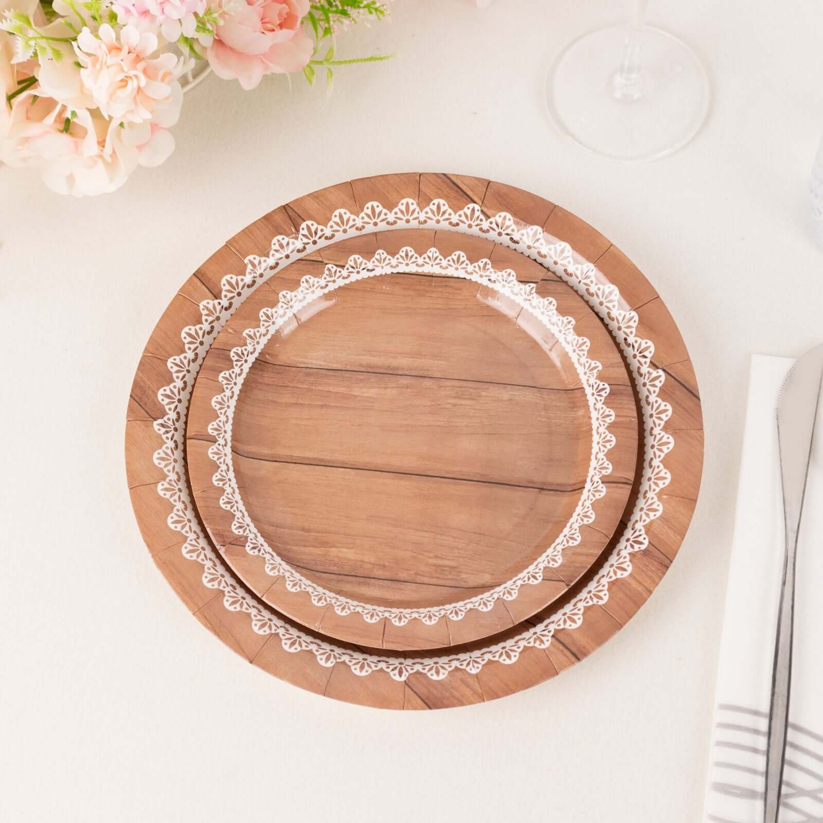 25-Pack Paper Round Dessert Plates 7" Brown Wood Grain Print with White Floral Lace Rim - Rustic Farmhouse Style Disposable Appetizer Salad Plates - Image 6