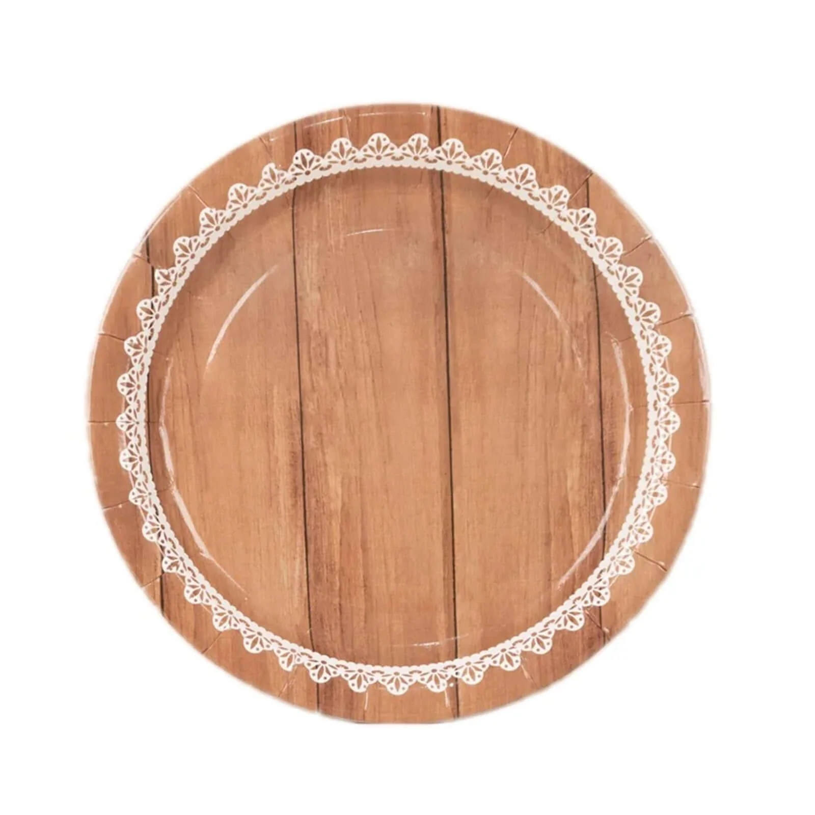 25-Pack Paper Round Dessert Plates 7" Brown Wood Grain Print with White Floral Lace Rim - Rustic Farmhouse Style Disposable Appetizer Salad Plates - Image 8