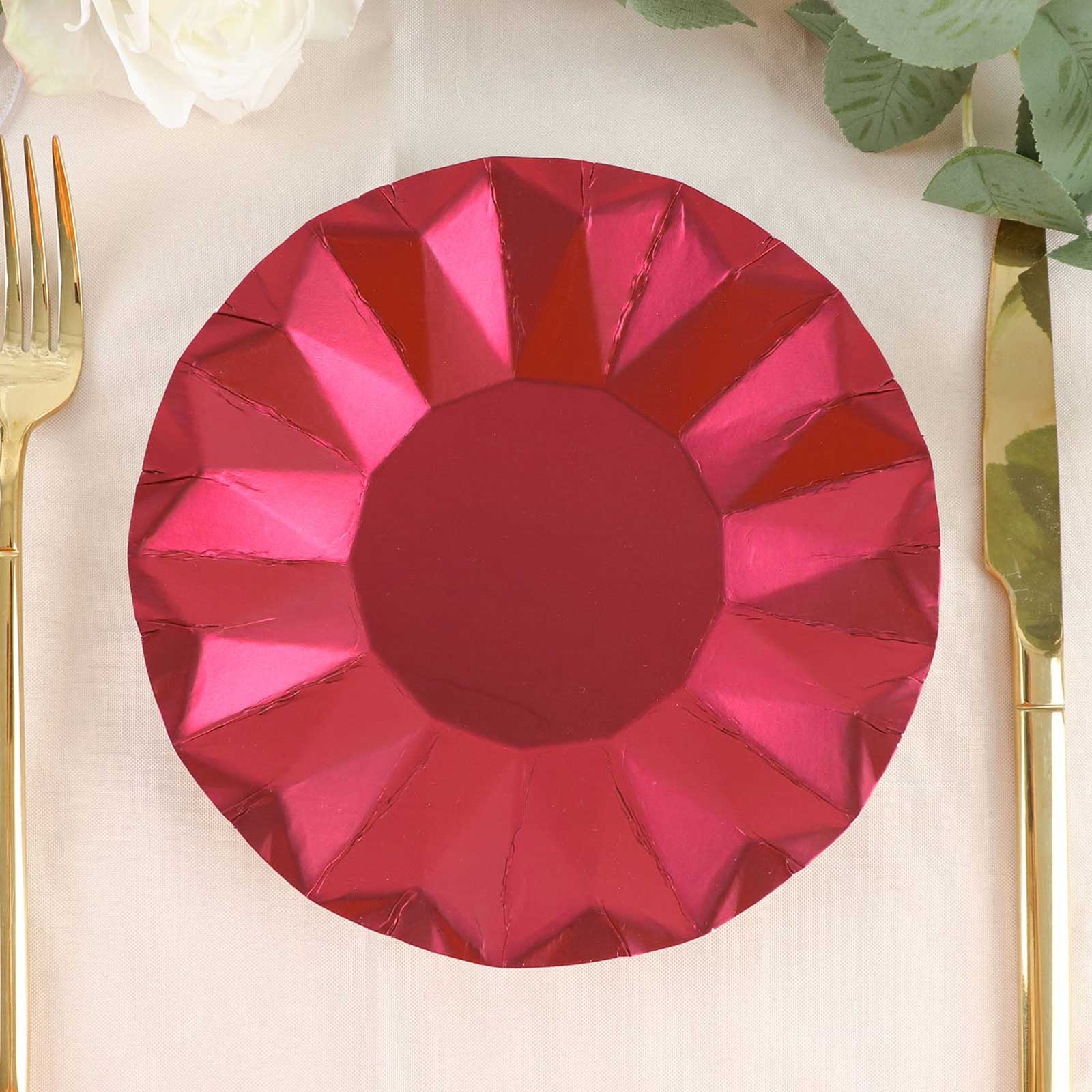 25-Pack Paper Round Dessert Plates 7" Burgundy with Geometric Prism Rim - 400GSM Disposable Appetizer Salad Plates