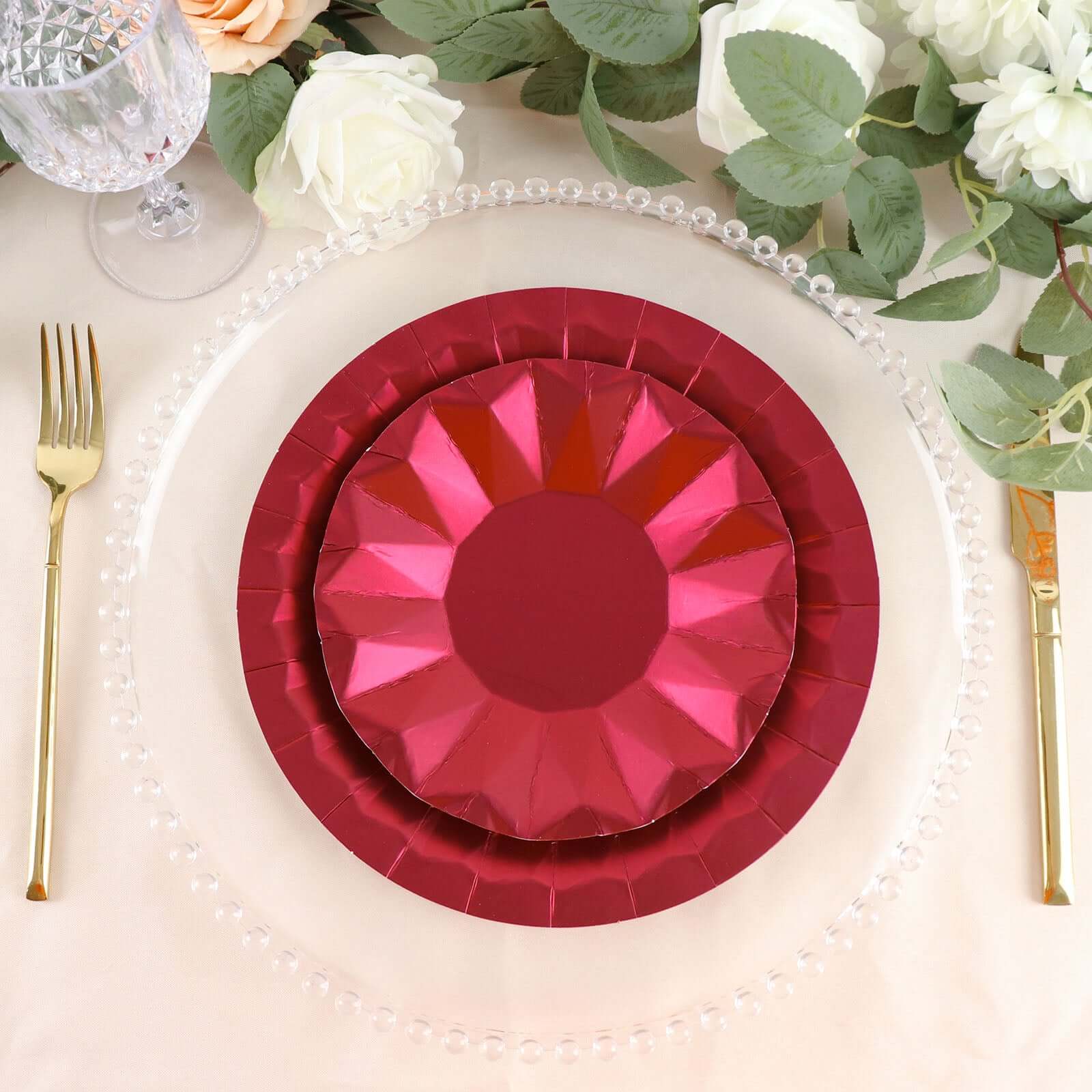 25-Pack Paper Round Dessert Plates 7" Burgundy with Geometric Prism Rim - 400GSM Disposable Appetizer Salad Plates - Image 10