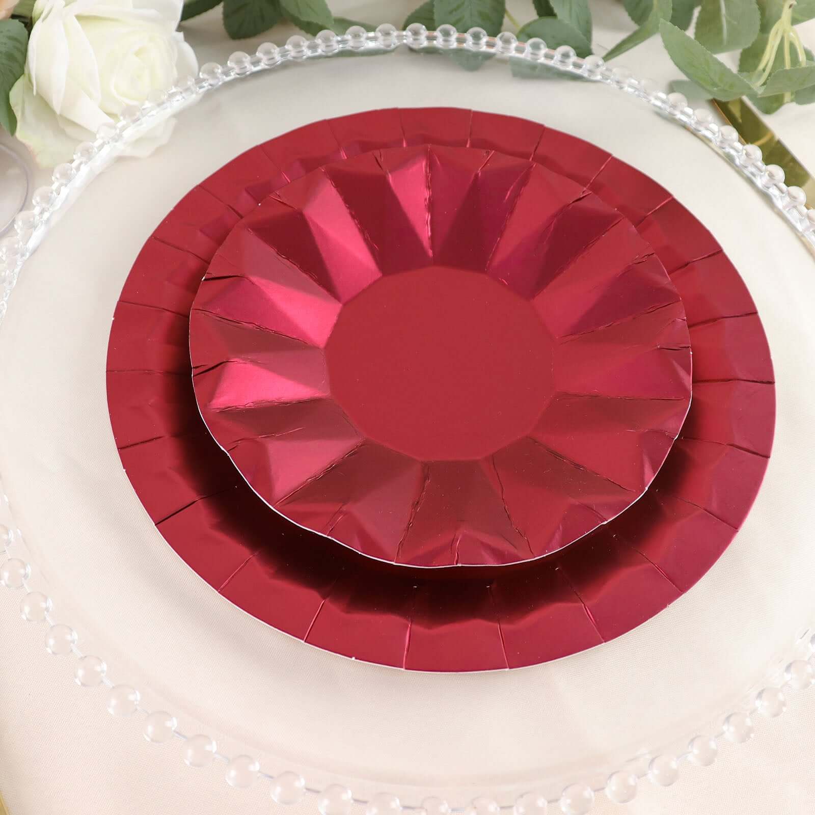 25-Pack Paper Round Dessert Plates 7" Burgundy with Geometric Prism Rim - 400GSM Disposable Appetizer Salad Plates - Image 11