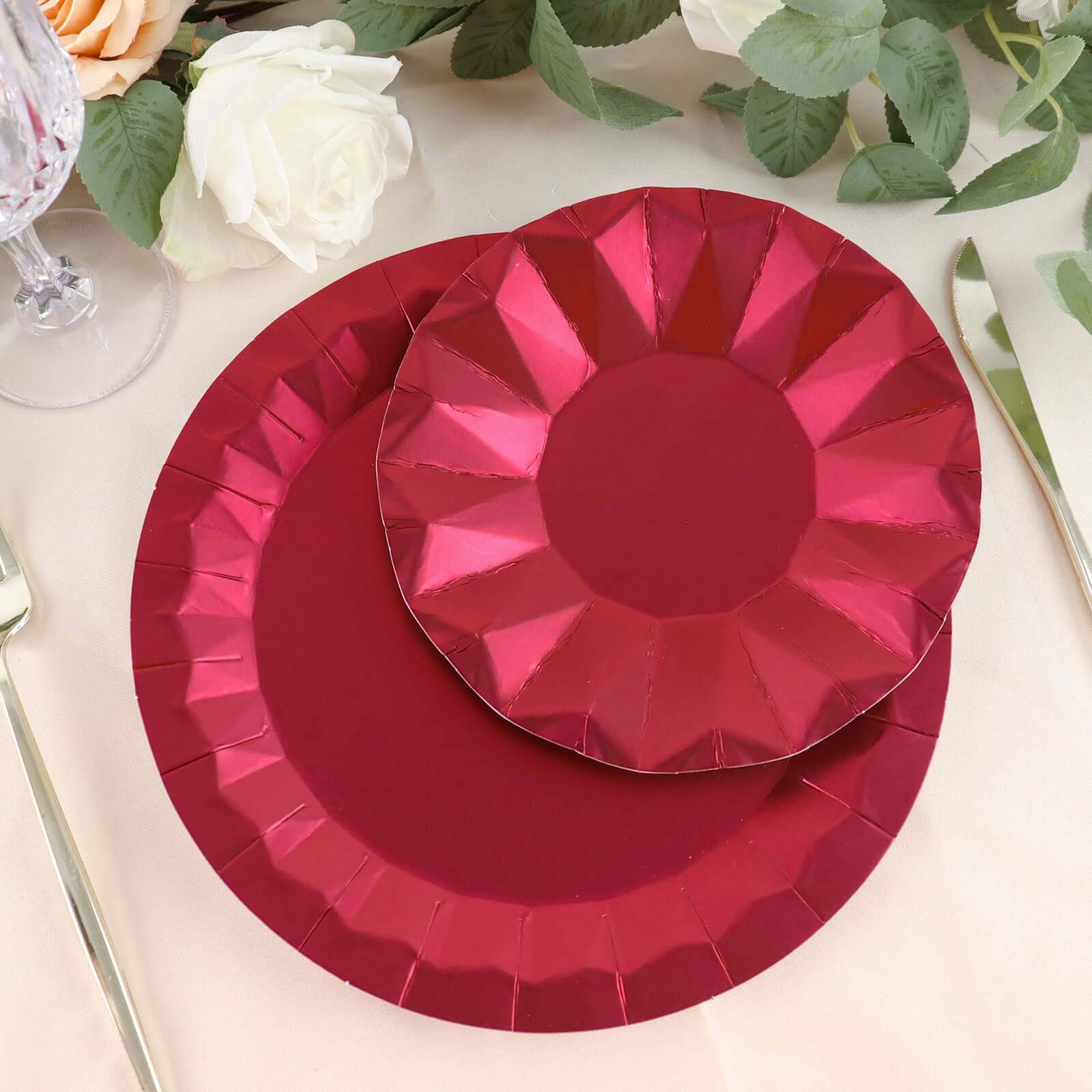 25-Pack Paper Round Dessert Plates 7" Burgundy with Geometric Prism Rim - 400GSM Disposable Appetizer Salad Plates - Image 12