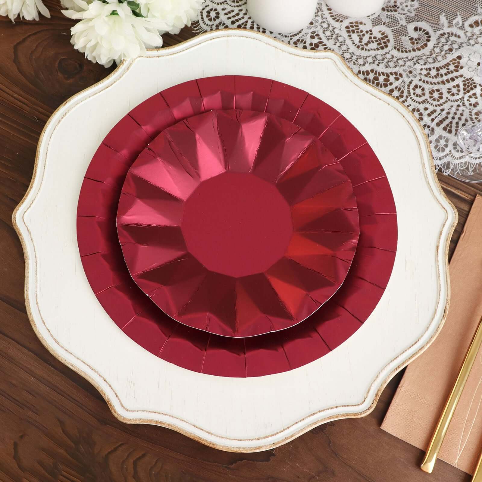25-Pack Paper Round Dessert Plates 7" Burgundy with Geometric Prism Rim - 400GSM Disposable Appetizer Salad Plates - Image 13