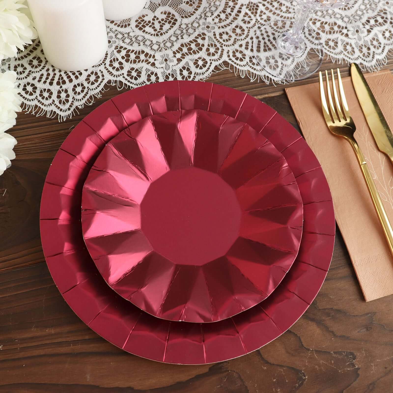 25-Pack Paper Round Dessert Plates 7" Burgundy with Geometric Prism Rim - 400GSM Disposable Appetizer Salad Plates - Image 16