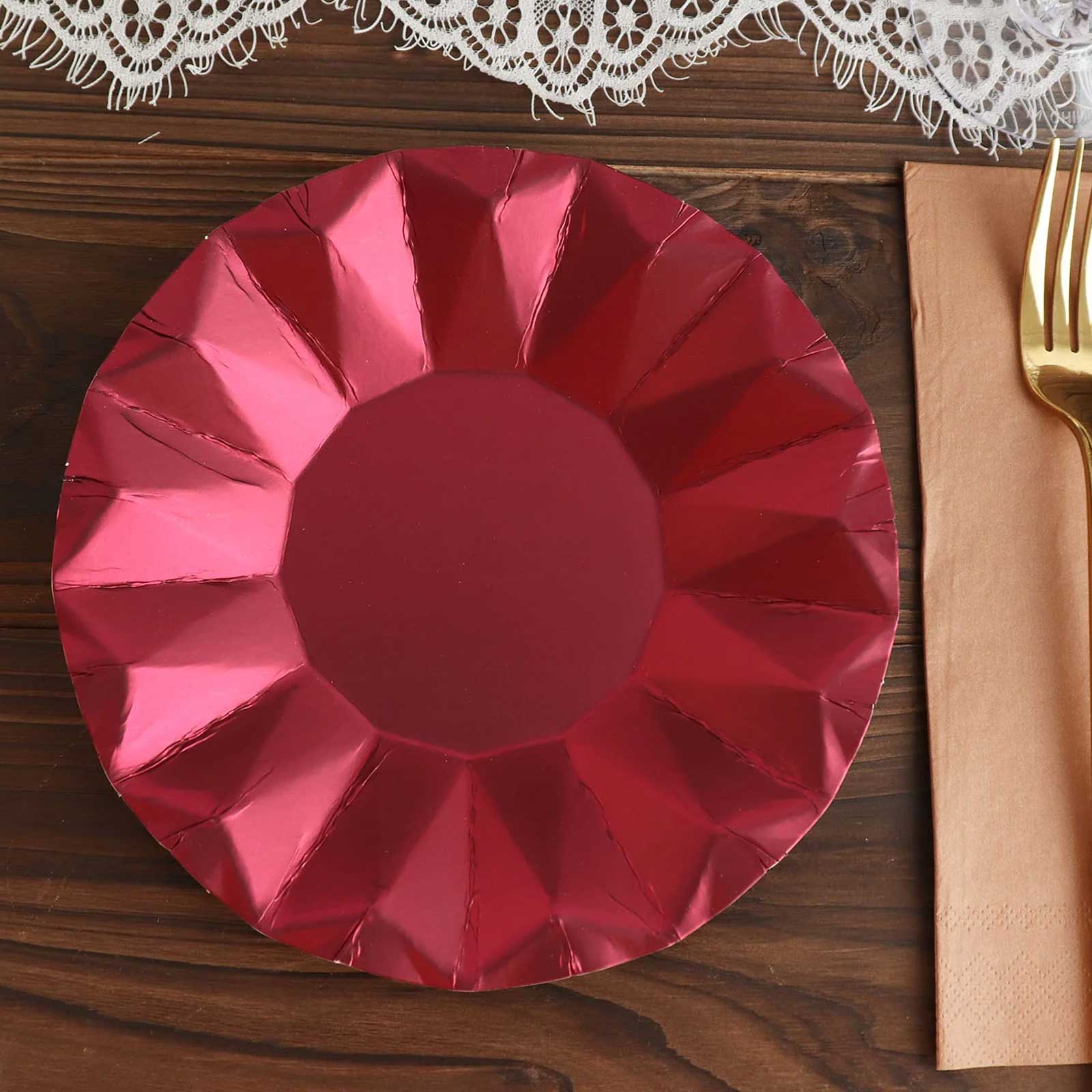 25-Pack Paper Round Dessert Plates 7" Burgundy with Geometric Prism Rim - 400GSM Disposable Appetizer Salad Plates - Image 5