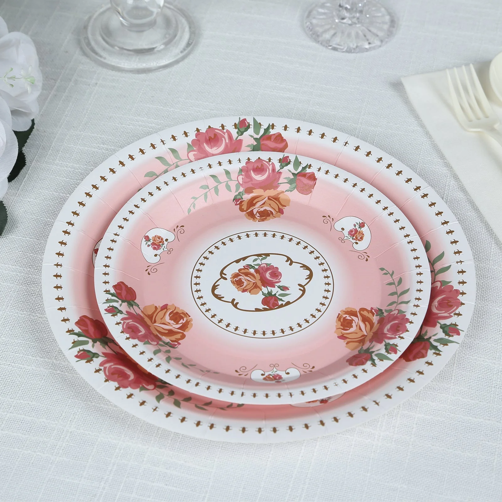 25-Pack Paper Round Dessert Plates 7" Dusty Rose with Vintage Rose Flower Print - Disposable Appetizer Salad Plates for High Tea Gatherings & Romantic Celebrations - Image 10