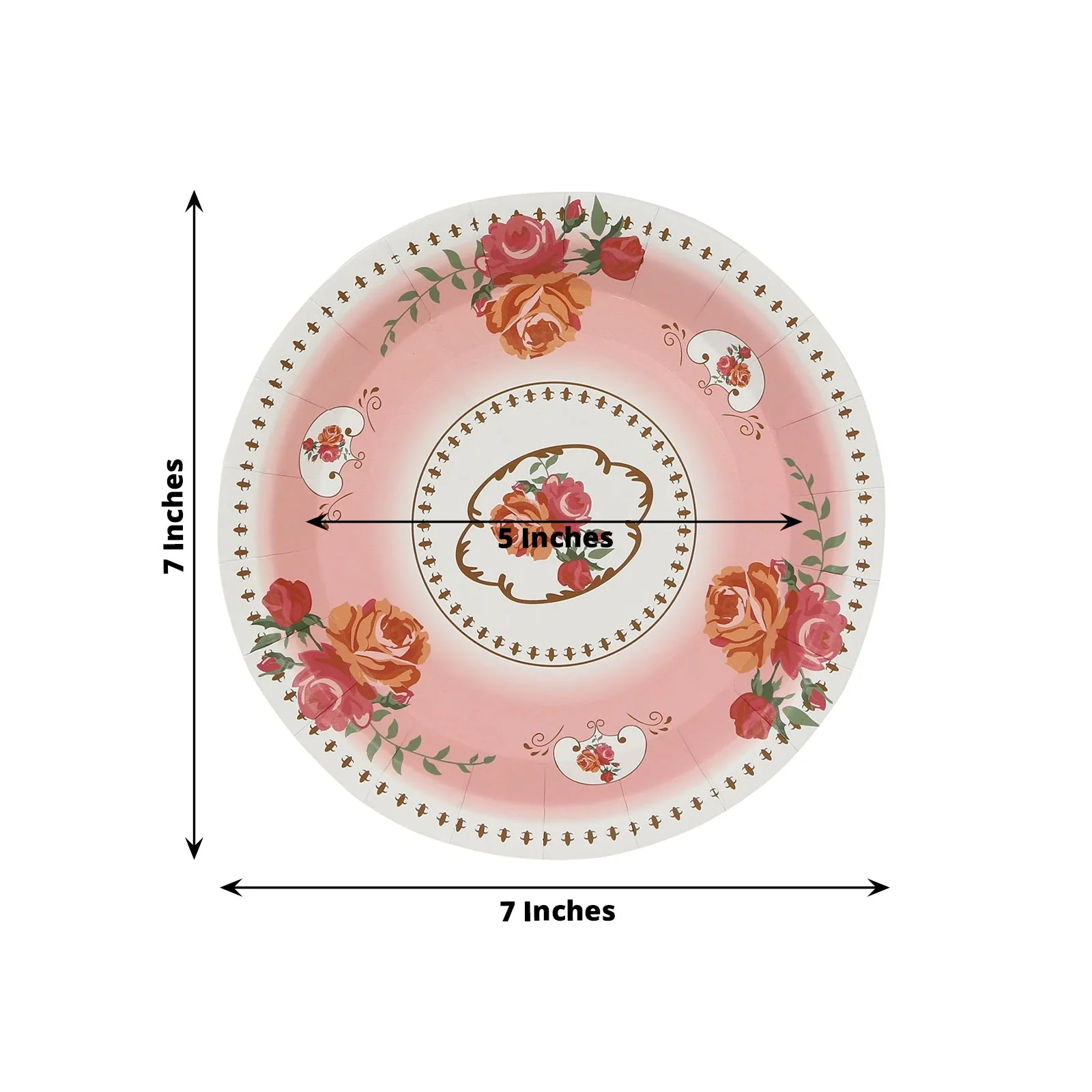 25-Pack Paper Round Dessert Plates 7" Dusty Rose with Vintage Rose Flower Print - Disposable Appetizer Salad Plates for High Tea Gatherings & Romantic Celebrations - Image 2