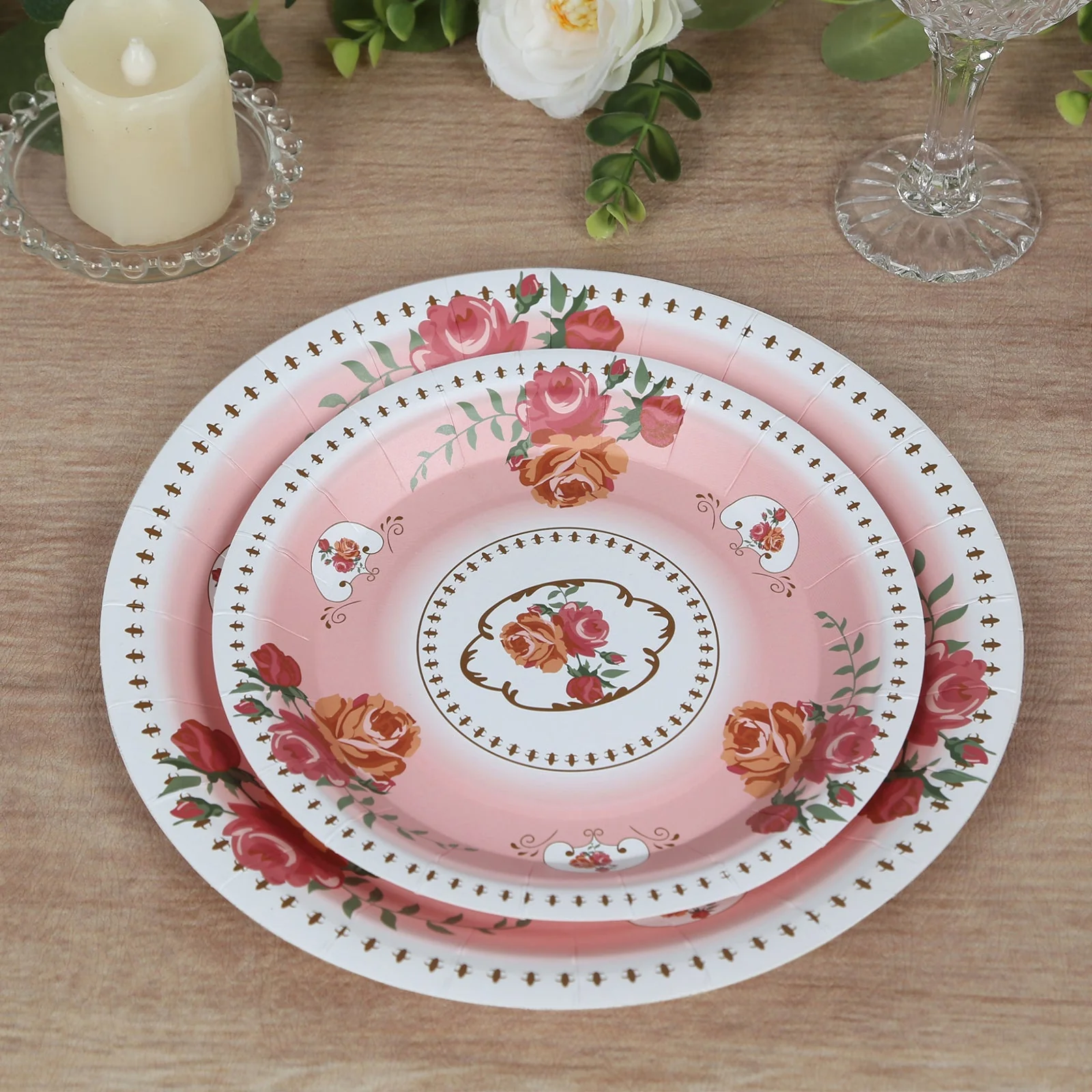 25-Pack Paper Round Dessert Plates 7" Dusty Rose with Vintage Rose Flower Print - Disposable Appetizer Salad Plates for High Tea Gatherings & Romantic Celebrations - Image 3