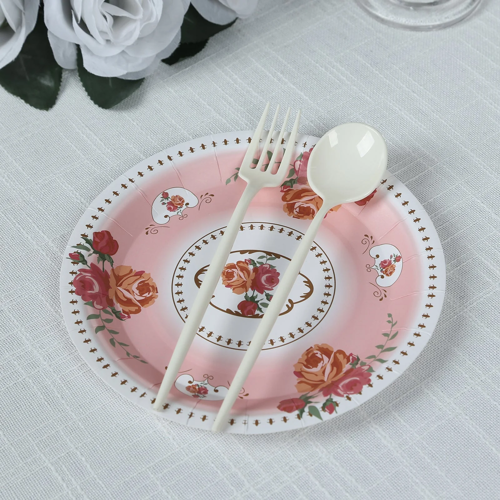 25-Pack Paper Round Dessert Plates 7" Dusty Rose with Vintage Rose Flower Print - Disposable Appetizer Salad Plates for High Tea Gatherings & Romantic Celebrations - Image 4
